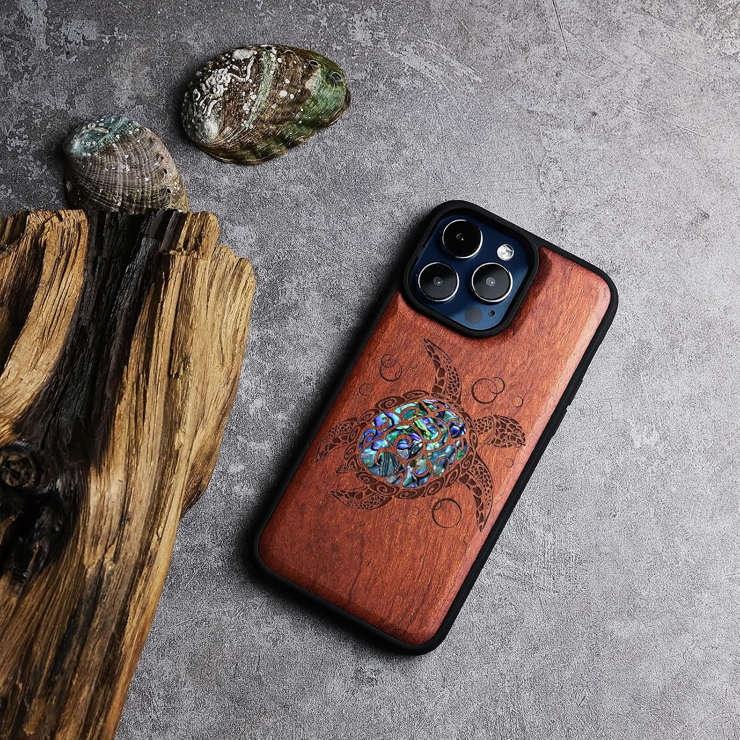 Carveit Wooden Case for iPhone 15 Pro Magnetic Case, Compatible with MagSafe Wireless Chargers, Shockproof Cover, Handmade Shell Inlaid & Wood Artisan Engraved (Sea Turtle) Rosy