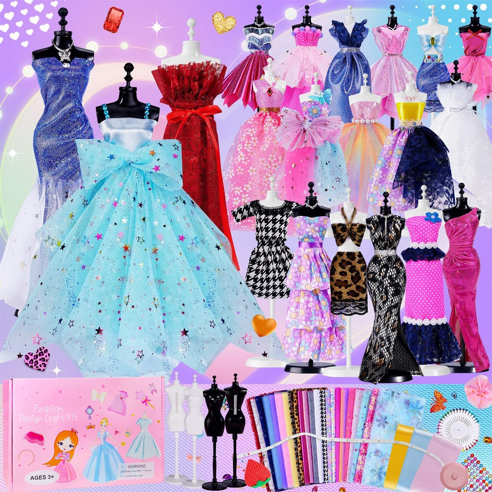 SOOFAM 500+Pcs - Fashion Designer Kit for Girls with 4 Mannequins - DIY Arts Crafts Kit for Girls Learning Toys - Sewing Kit for Kids ages - Teen Girls Kids Birthday Gift Age 6-12