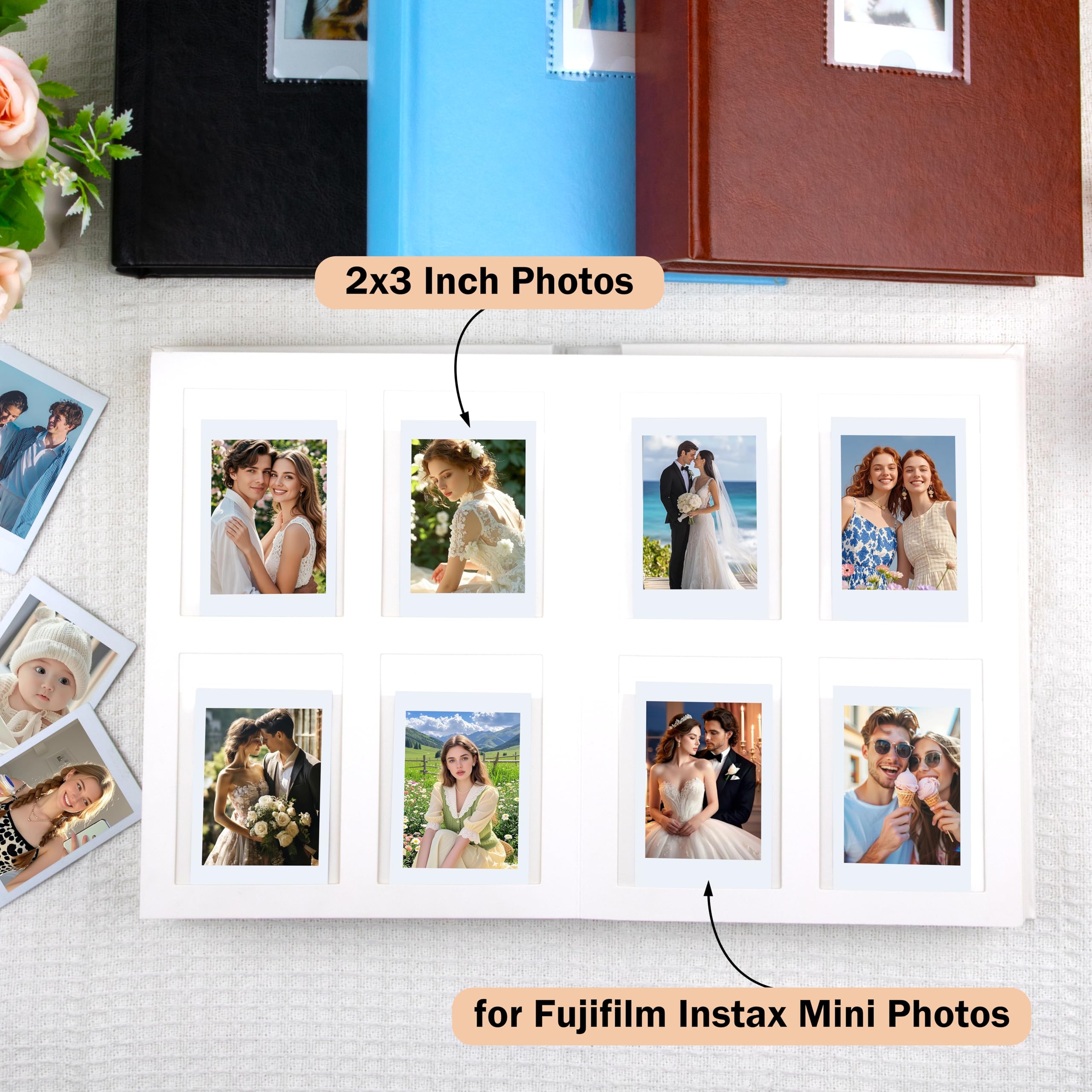 128 Poches Album Photo avec Espace d'Écriture pour Appareil Photo Instantané Fujifilm Instax Mini 12/11/9, Album Photo Polaroid de 2x3 Pouces avec Fenêtre Avant, Couverture en Cuir Végan(Blanc)