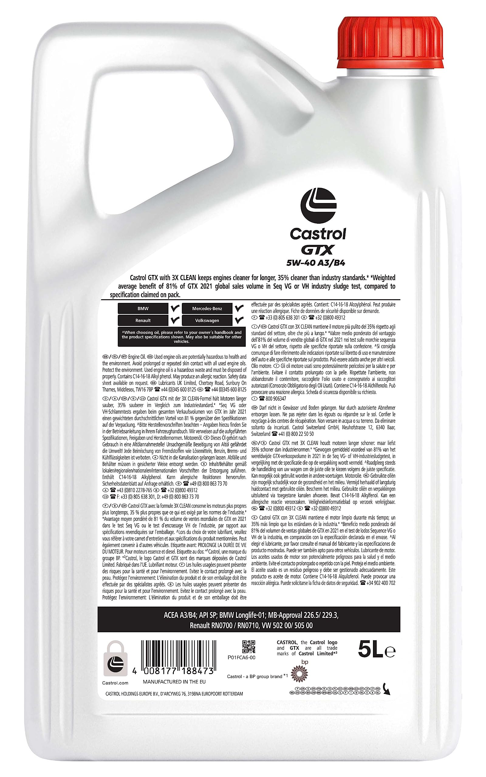 CASTROL Huile moteur GTX 5W-40 ACEA A3/B4 API SP A3/B4 5 L Compatible avec VW Golf 7 3/5 portes 5G1, BQ1, BE1, BE2 Golf 4 3/5 portes 1J1 Golf 5 3/5 portes 1K1 Golf 6 3/5 portes 5K1, BMW 3 Berline E46