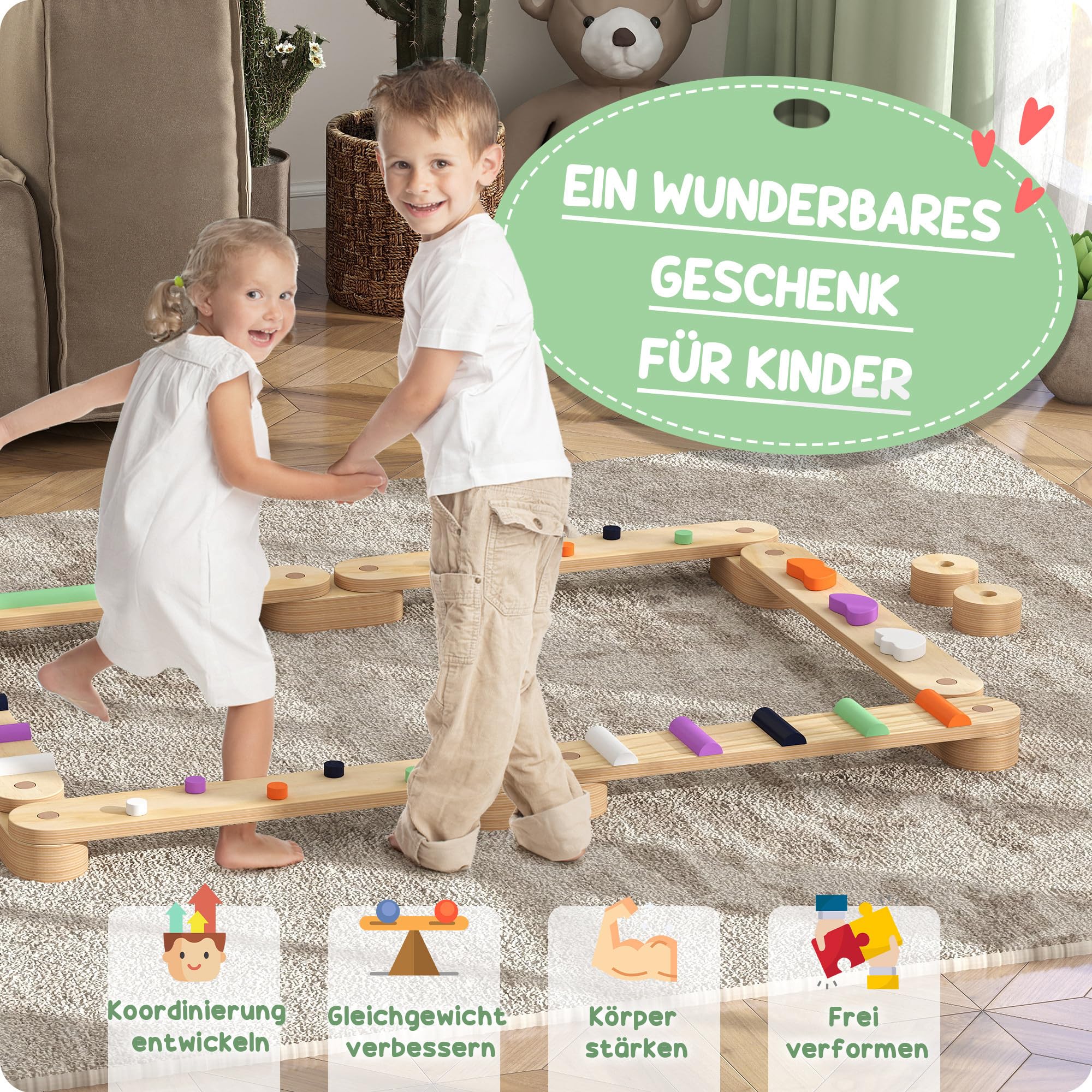 AIYAPLAY Balancierbalken Kinder Holz Schwebebalken 6 Balanciersteine | Kleinkinder, Bunte Hindernissteine, Montessori Spielzeug, Drinnen Draußen, Balance Board, für Koordination, ab 3-8 Jahre