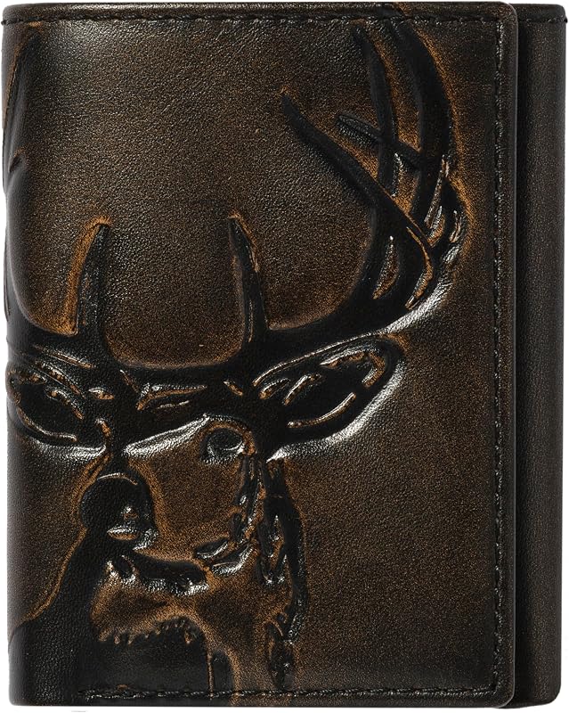 Deer Men's Trifold Wallet, Camo Lining, Hunting Wallet | 6 Card Slots, 2 Storage Pockets, ID Window, Embossed Whitetail Deer, Full Grain Leather, Gift for Men, Black