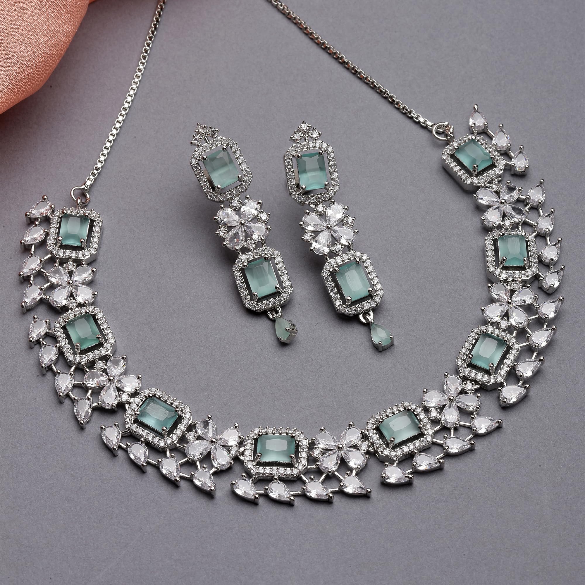 Rhodium-Plated American Diamond Necklace and Earrings Set