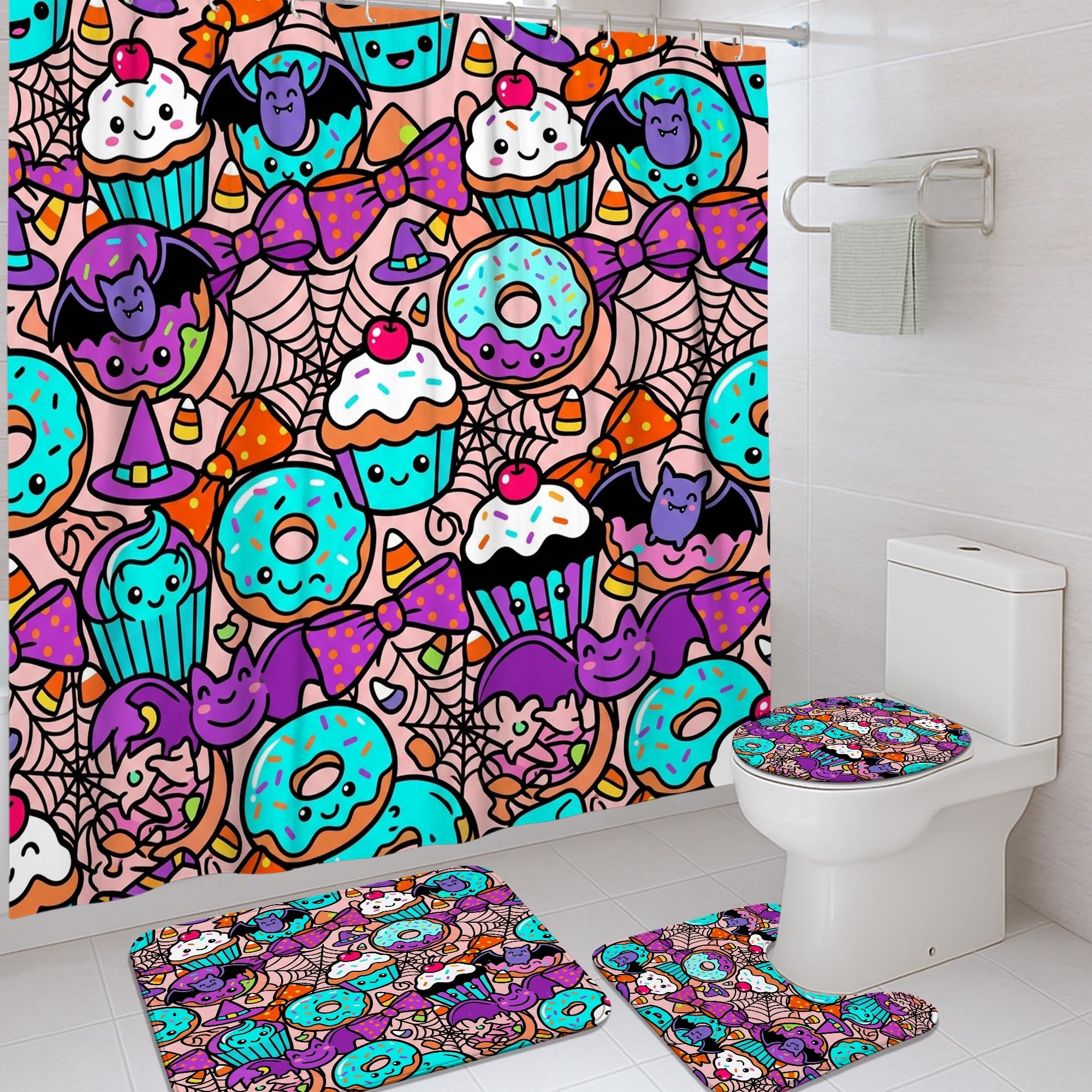 Rideau de douche turquoise cupcake et tapis assorti pour salle de bain