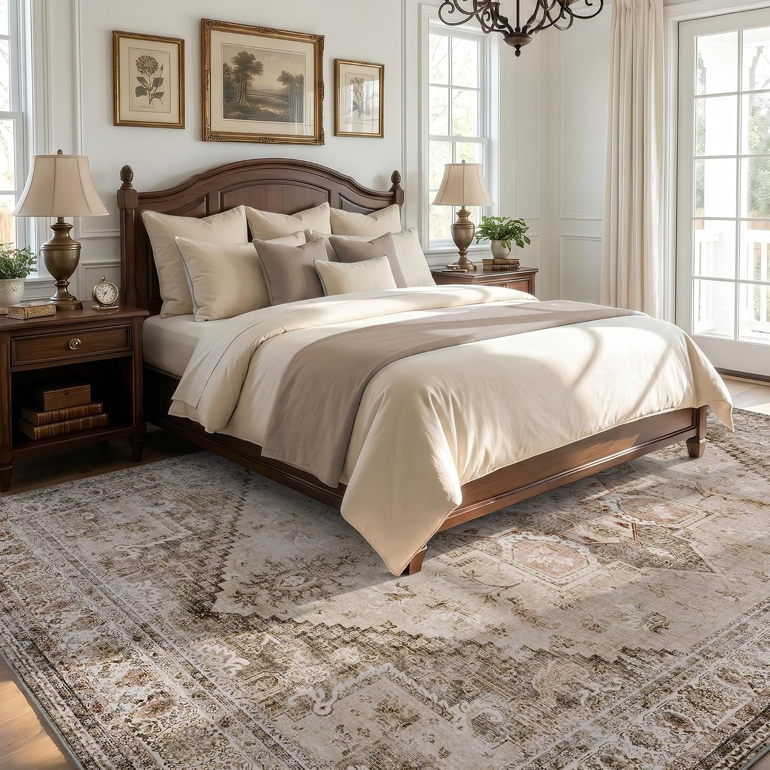 Beige Rugs for Living Room 8x10 Area Rug Soft Carpet for Bedrooms-Machine Washable Rug Vintage Floral Medallion Dining Room Office Rug