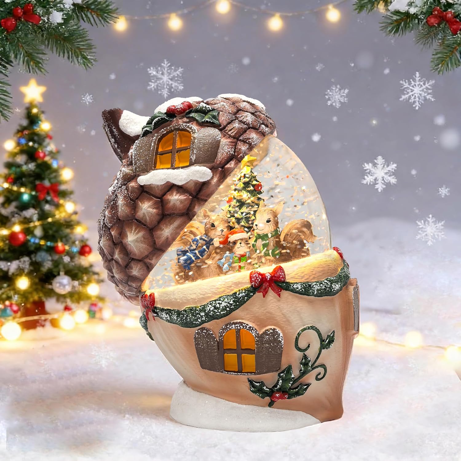 6.5-Inch Lighted Acorn Swirling Water Glitter Globe with Squirrel Family Scene, Battery Operated, 8H Timer, Holiday Sparkling Gift and Indoor Christmas Home Décor (Acorn)