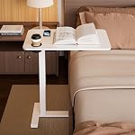 BIZUM Adjustable Bedside Table with Swivel Hidden Wheels Pneumatic Rolling Desk Mobile Standing Desk with Cup Holder for Hospital Home(70cmx40cm White)