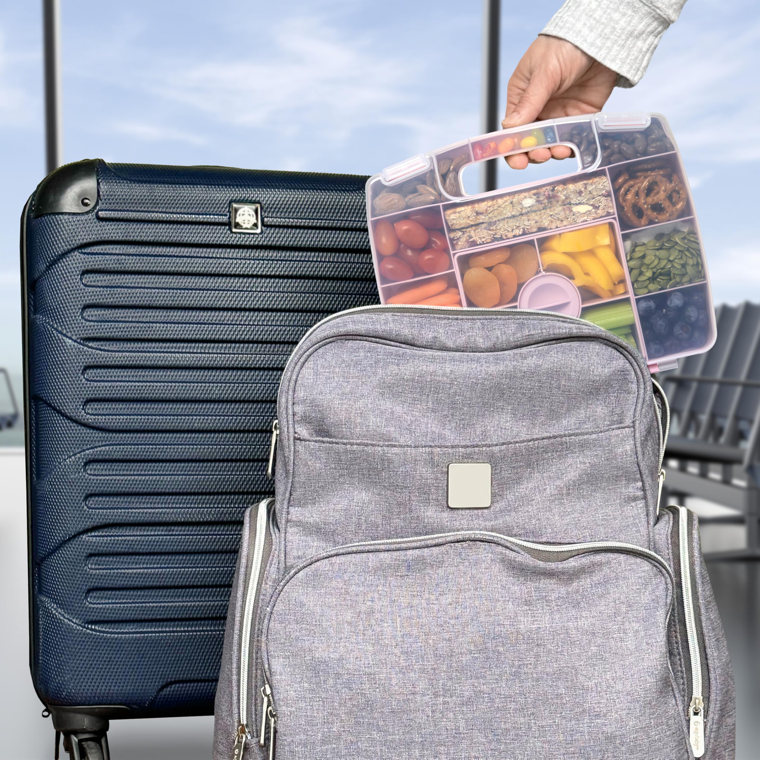 PrimaStella Snacktainer - Caja de aperitivos de viaje, caja de 15 compartimentos con asa y bandeja extraíble con taza de inmersión a prueba de fugas (verde)