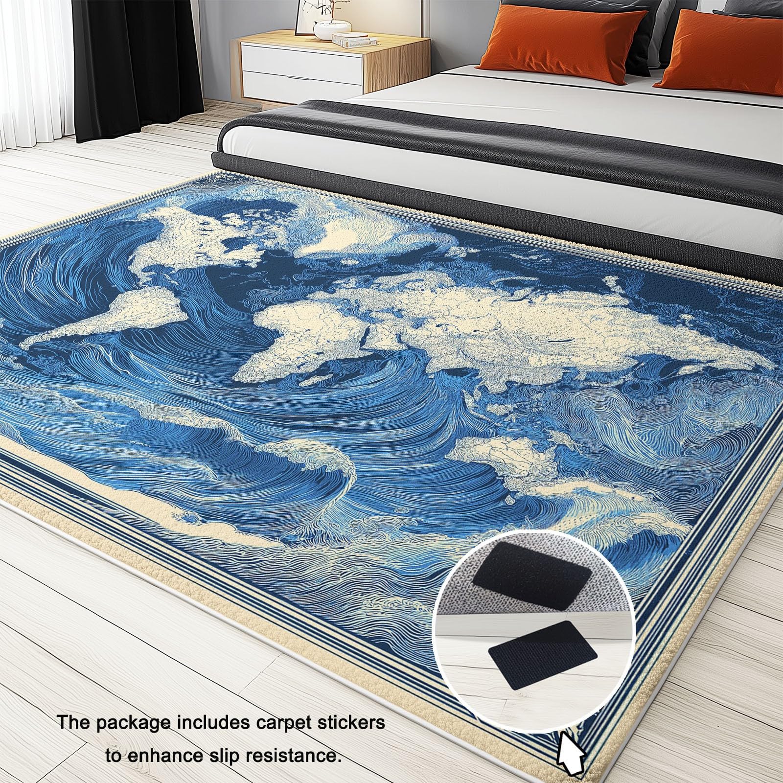 Générique Tapis Salon Affiche Rétro Carte du Monavec Vagues L'Océan 90 x 150 cm Tapis Chambre Impression 3D Moderne, Bleu Moquette Antidérapant Lavable Machine, pour Salon Salle à Manger Bureau