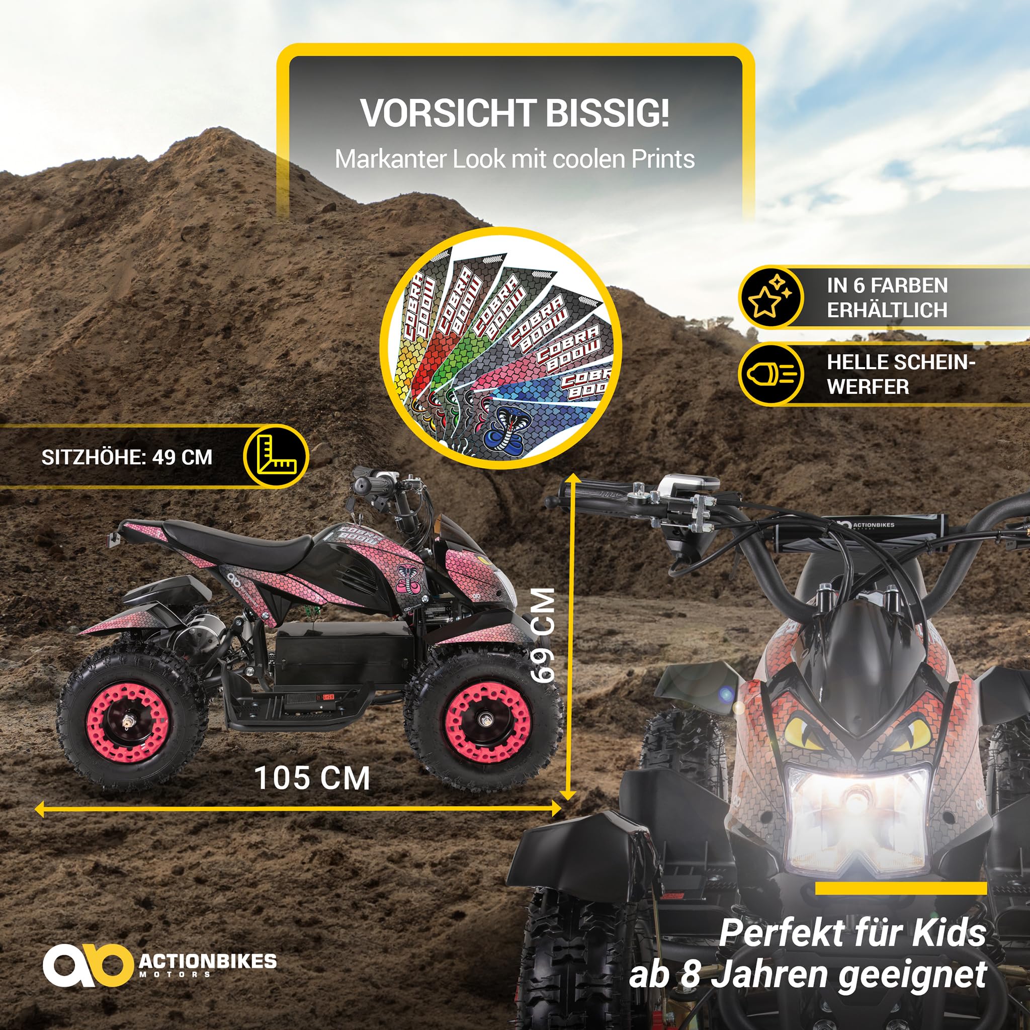 Actionbikes Motors Kinder Quad Elektro ATV Cobra | 𝟑𝟔 Volt 𝟖𝟎𝟎 Watt Motor bis 𝟐𝟒 km/h - Kinderquad - Pocket Quad - Safety Touch Fußschalter - Miniquad - Für Kinder ab 8 Jahren (Grün/Schwarz)