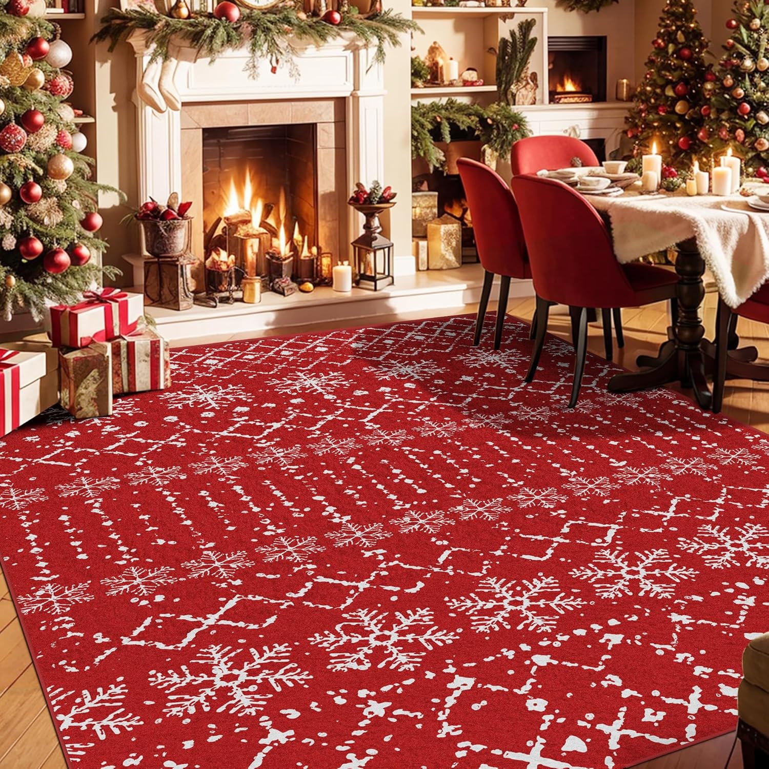 Christmas Area Rug 5x7 Rugs for Living Room Red Snowflake Plaid Decorative Modern Rug Holiday Decor Geometric Non Slip Rug Washable Carpet for Bedroom Dining Room Red 5'x7'