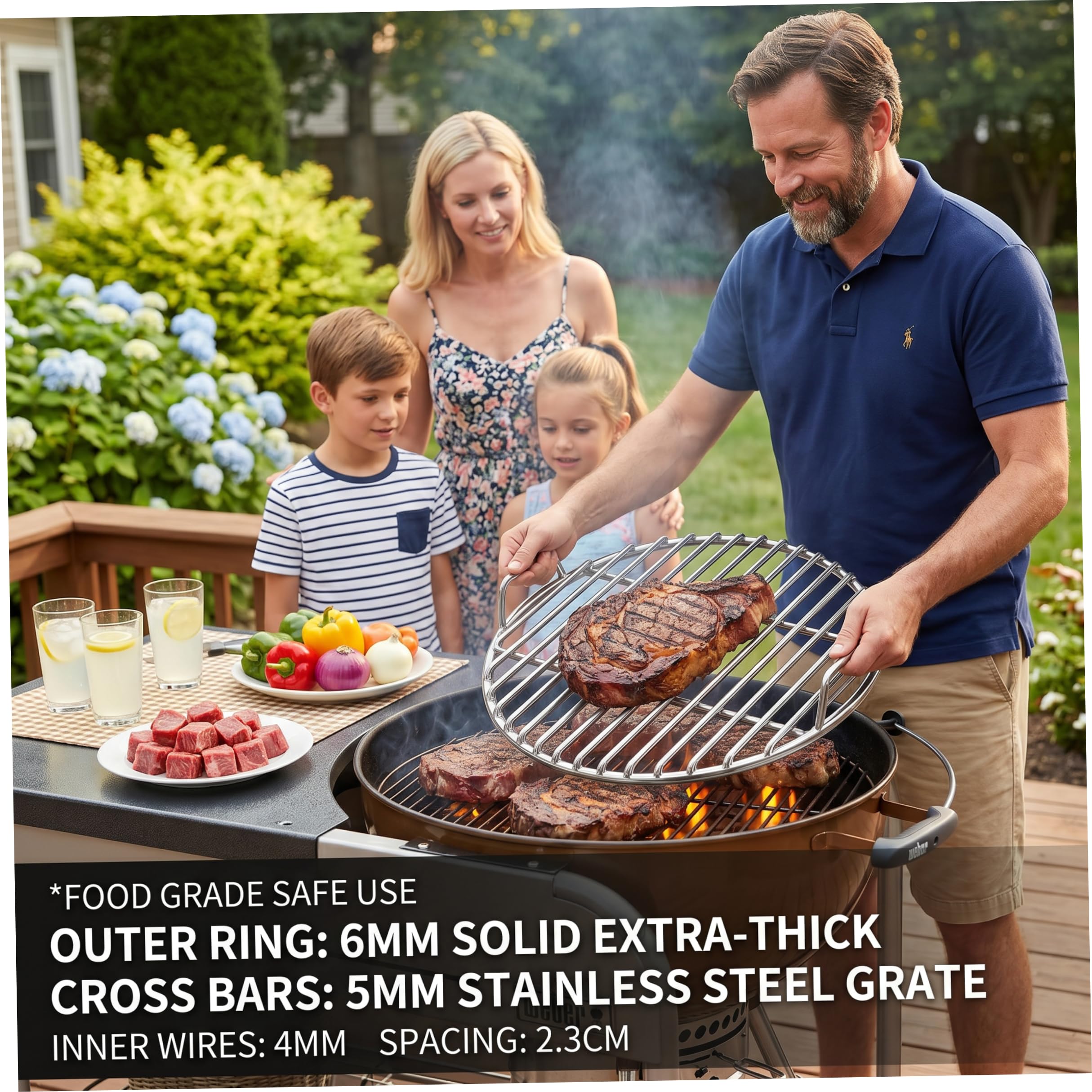 Rejilla Redonda de Acero Inoxidable de Alta Resistencia de 18, 8 Pulgadas de Repuesto con Mango Integrado, Parrilla para Hoguera para cocinar al Aire Libre, Parrillas para Barbacoa