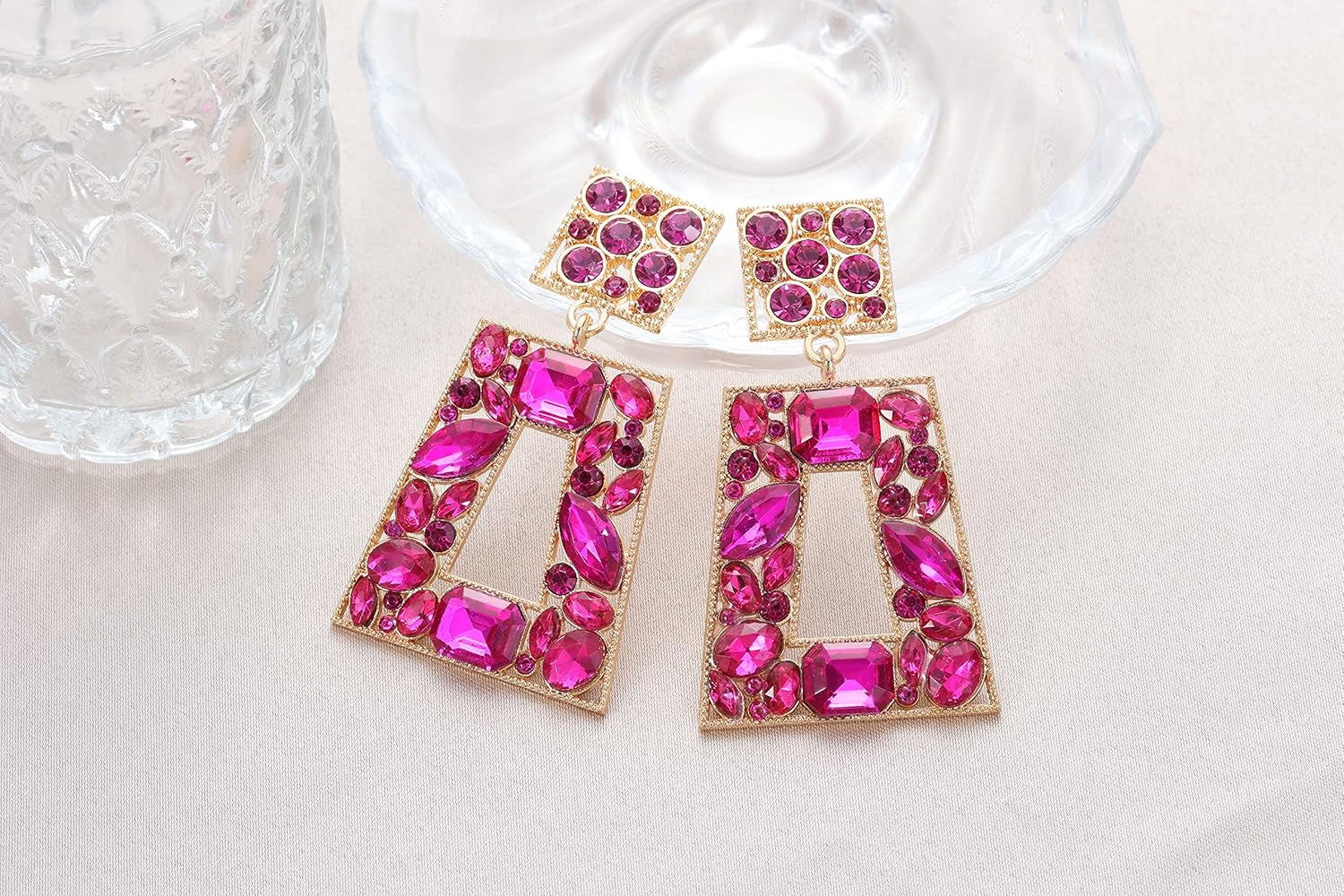 Rhinestone Rectangle Statement Earrings Colorful Crystal Geometric Drop Dangle Earrings for Women Prom Party - Image 6