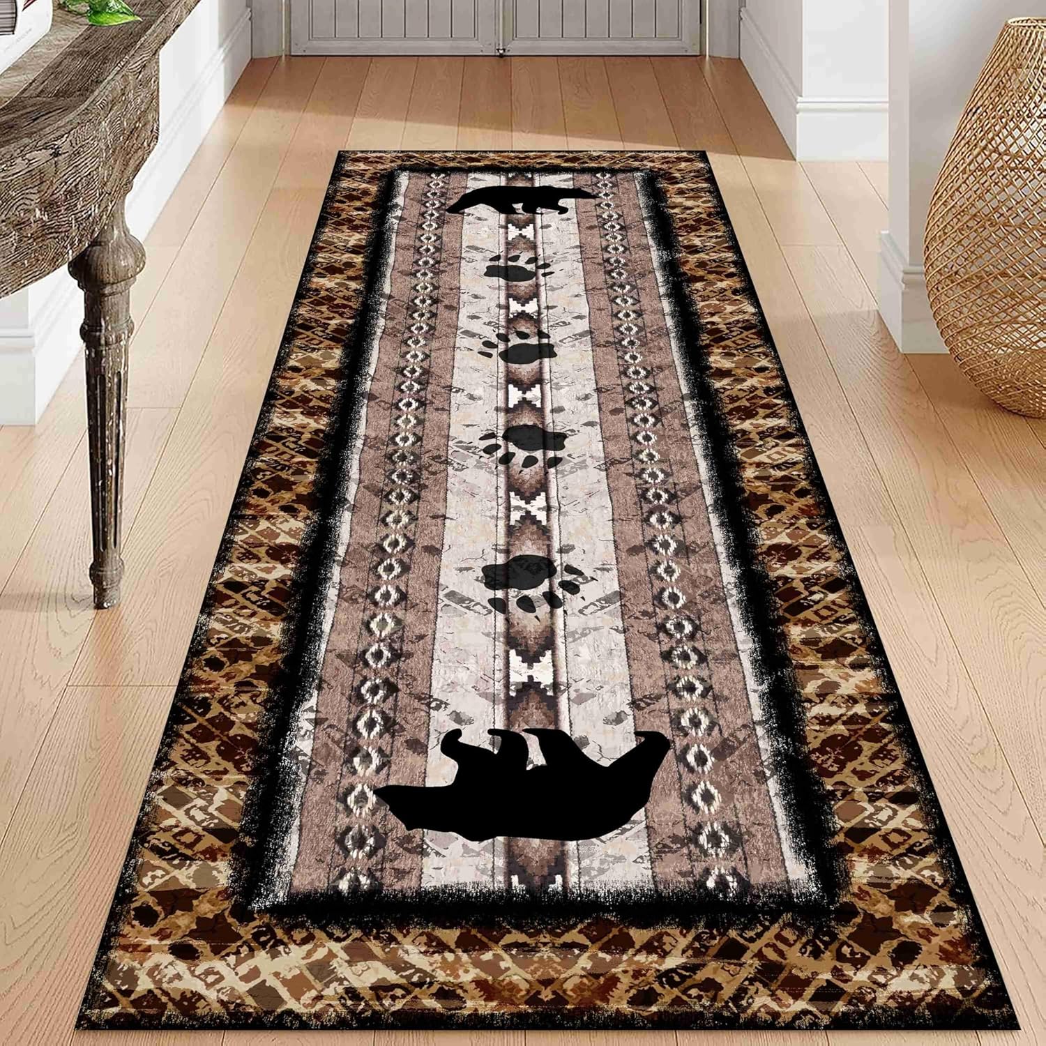 Unique Wildlife Runner Rug, 2x7ft, Bear Border Design Area Rug, Rustic Log Cabin Runner for Entryway, Rubber Backing Durable Floor Rug, Vintage Western Decoration, Fade-Resistant Print Carpet