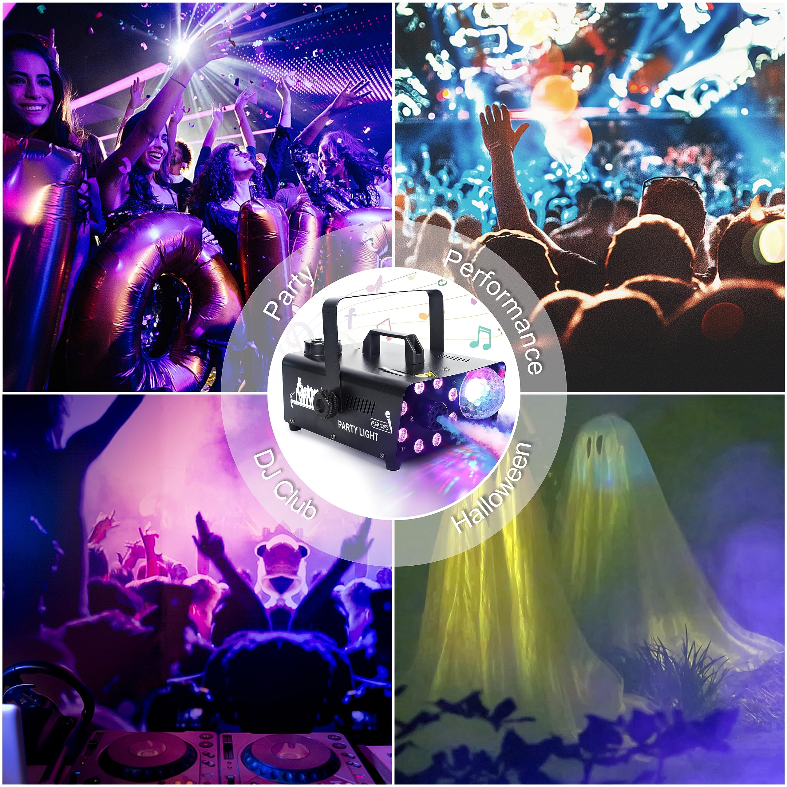 ATDAWN Fog Machine with 8 LED Lights and Disco Ball, Wireless Remote