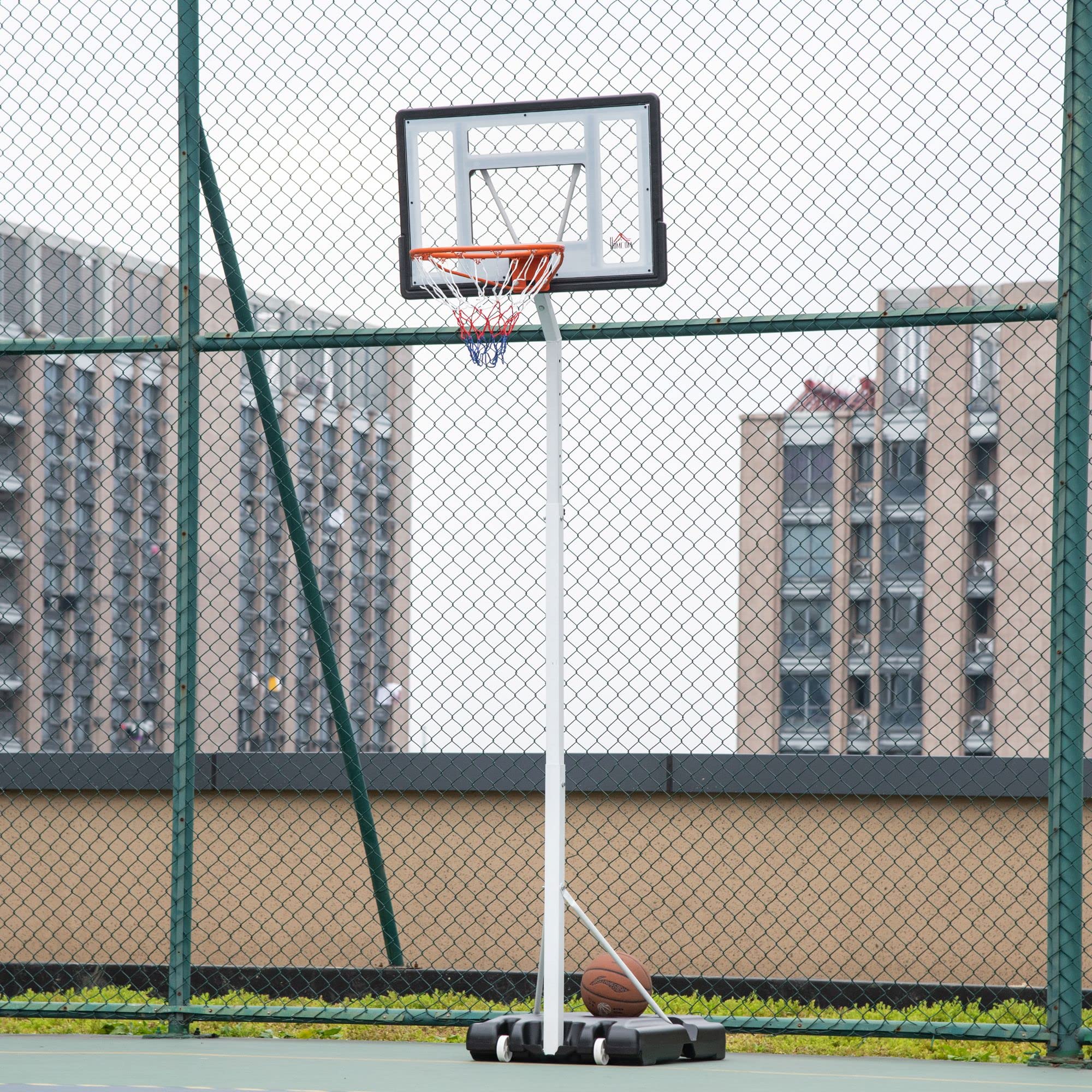 HOMCOM Canestro da Basket per Adulti con Ruote, Regolabile in Altezza 260-310 cm, Canestro Basket da Esterno e Interno con Tabellone e Supporto in Plastica, Bianco