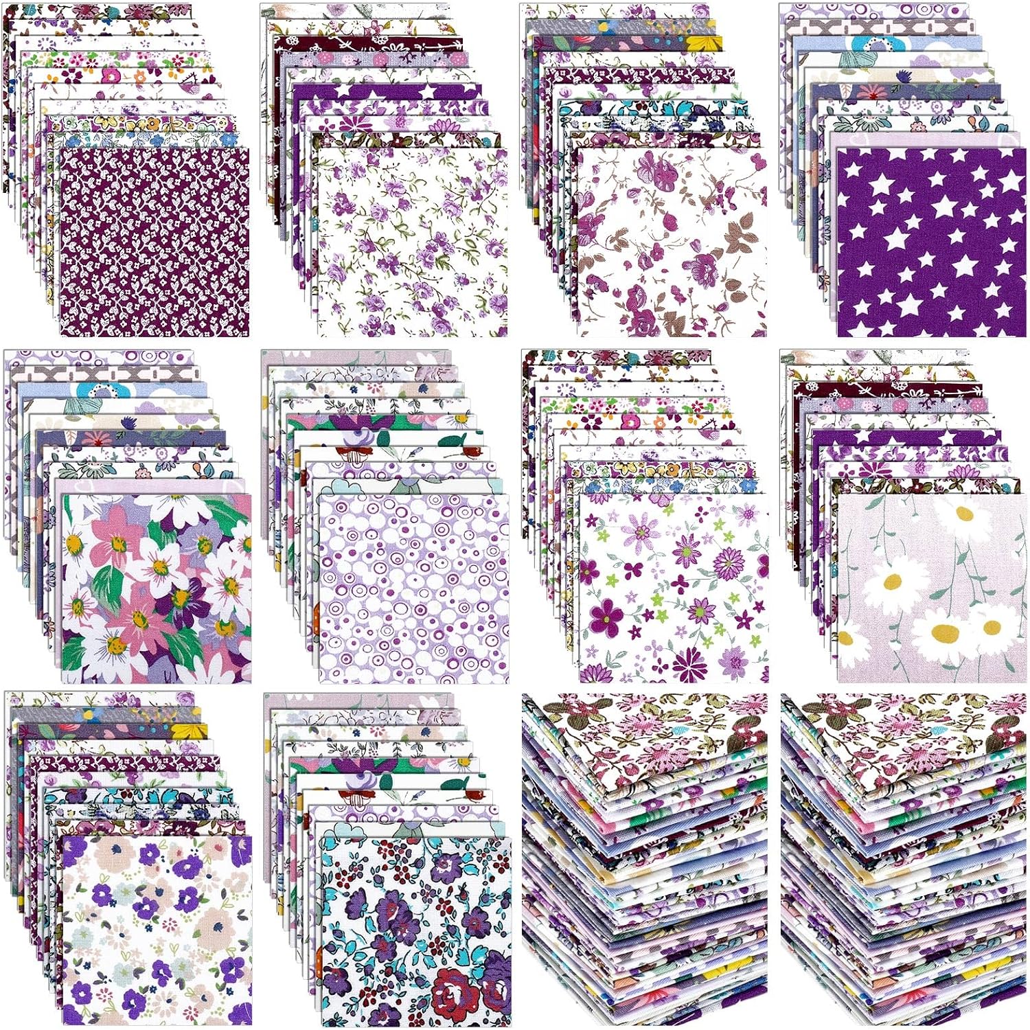 Kinlop 600 Pcs 5 x 5 Inch Floral Charm Packs for Quilting Purple Flower Cotton Fabric Square Bulk Precut Fabric Squares Strips Printed Purple Floral Patchwork for DIY Craft Sewing Accessory