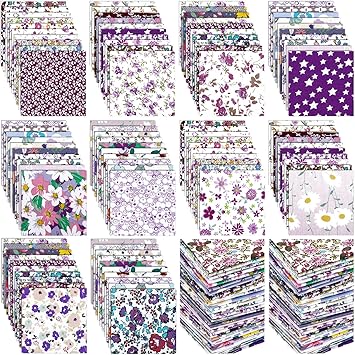 Kinlop 600 Pcs 5 x 5 Inch Floral Charm Packs for Quilting Purple Flower Cotton Fabric Square Bulk Precut Fabric Squares Strips Printed Purple Floral Patchwork for DIY Craft Sewing Accessory