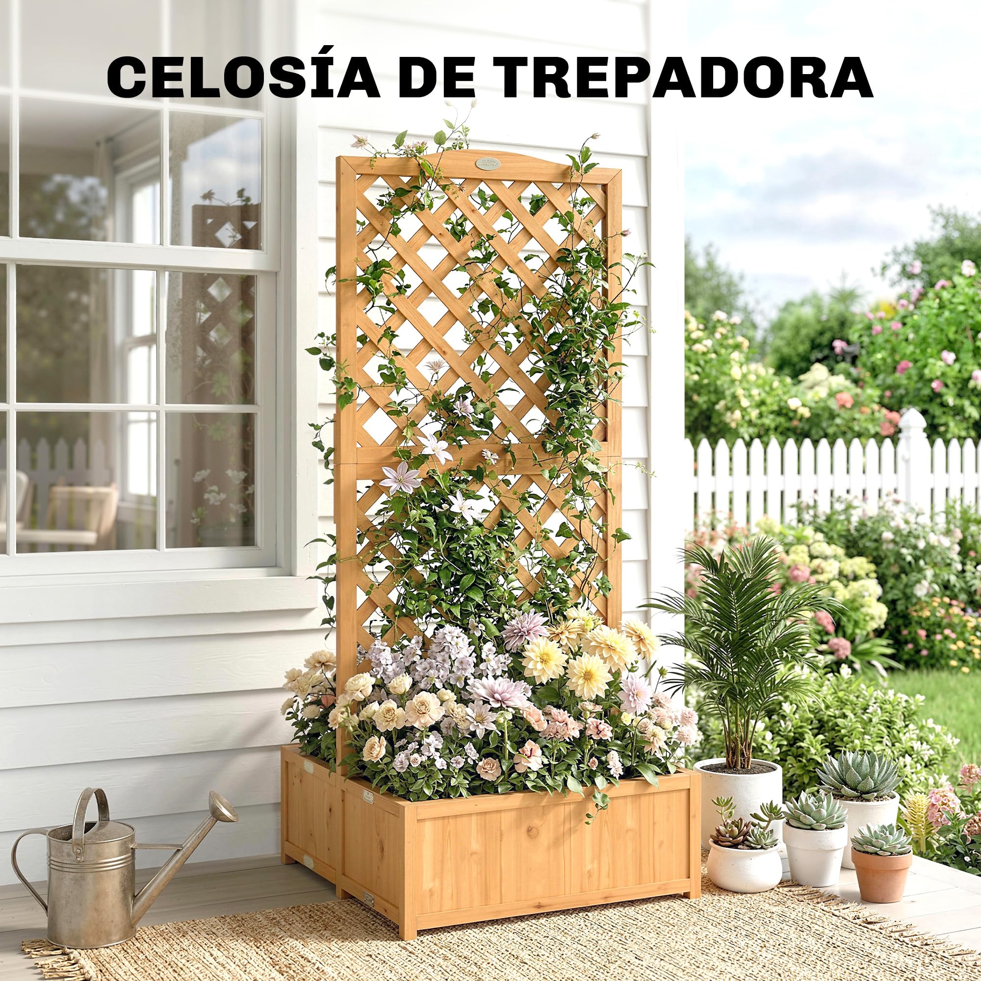 Outsunny Jardinera con Enrejado de Madera, Jardinera Exterior Grande para Plantas Trepadoras, con 2 Cajas Plegables, Base de Listones, Macetero Elevado para Patio, Terraza, 73x70x170 cm, Natural