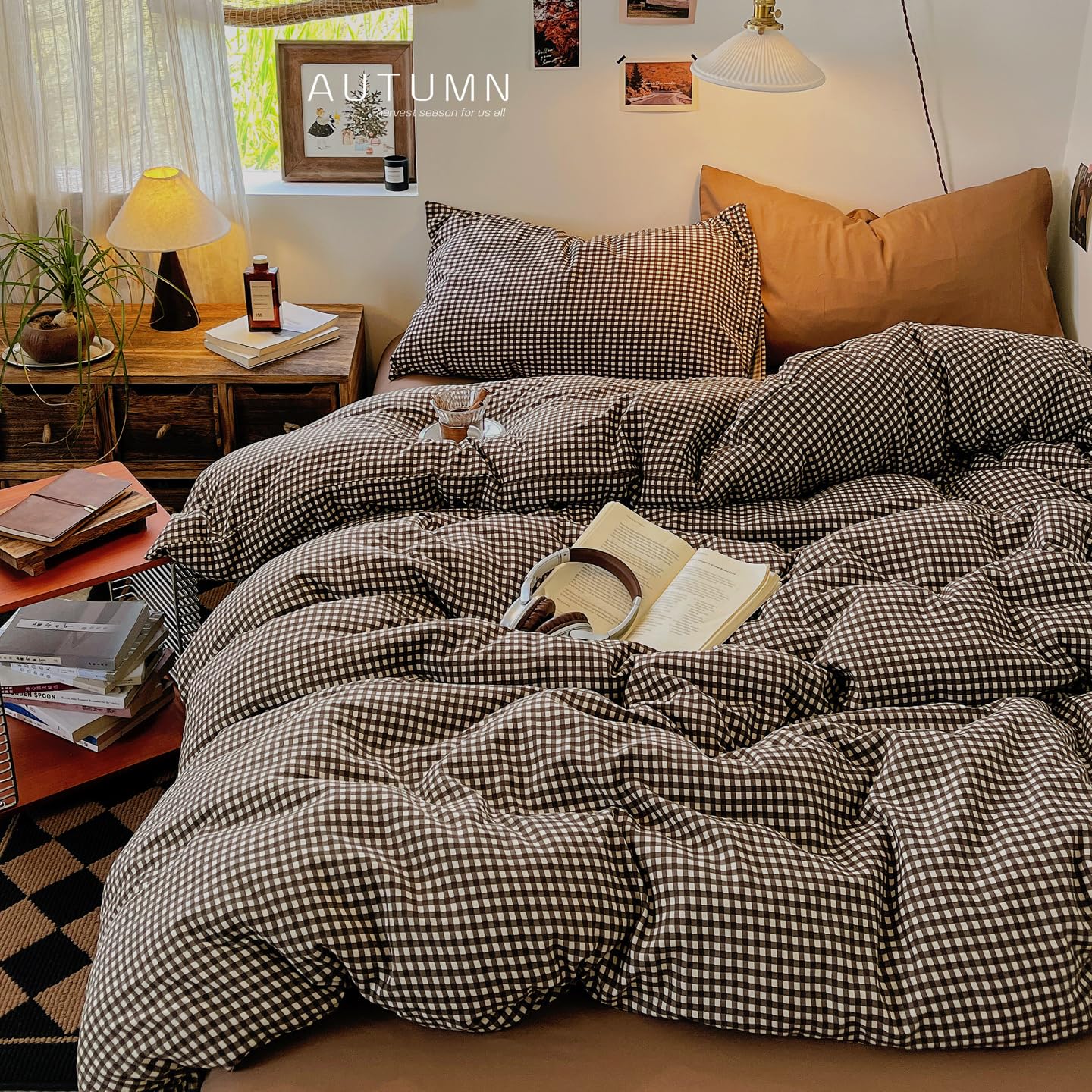 HoBaBa Single Duvet Cover Set Brown Checked Gingham Bedding Set Single Bed