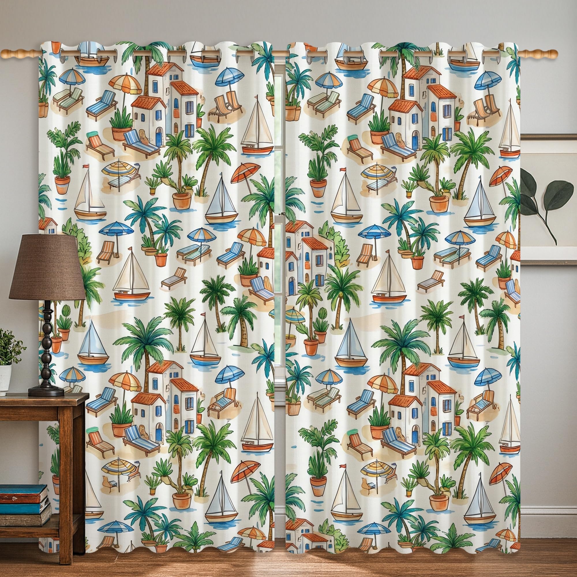 Rideaux occultants voilier 132x160cm bleu lavables pour salon