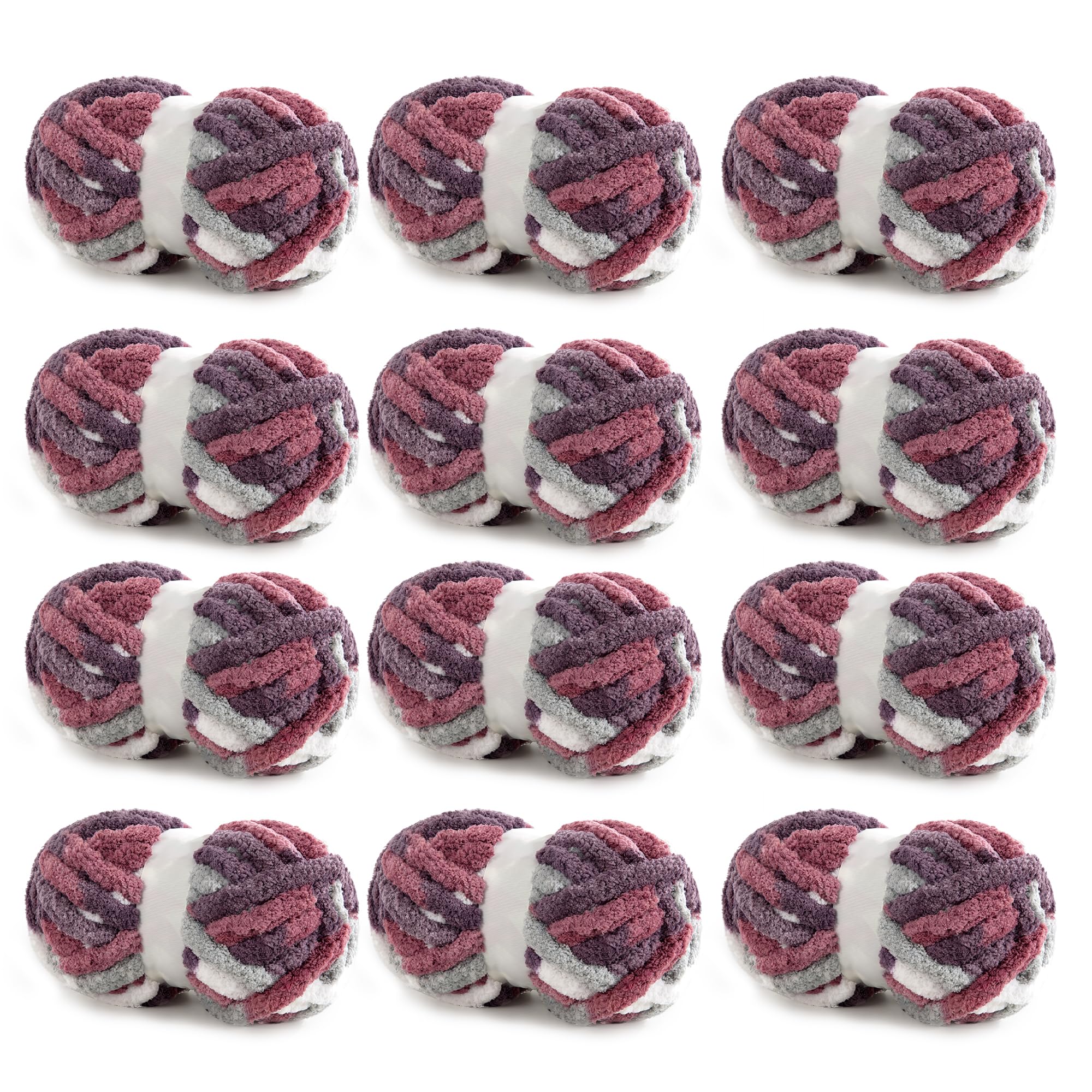 HOMBYS 12 Pack Giant Chunky Yarn for Crocheting & Knitting, Super Bulky Soft Fluffy Tie Dye Plush Fuzzy Mixed Color Thick Chenille Yarn (Red, Purple) — image 1