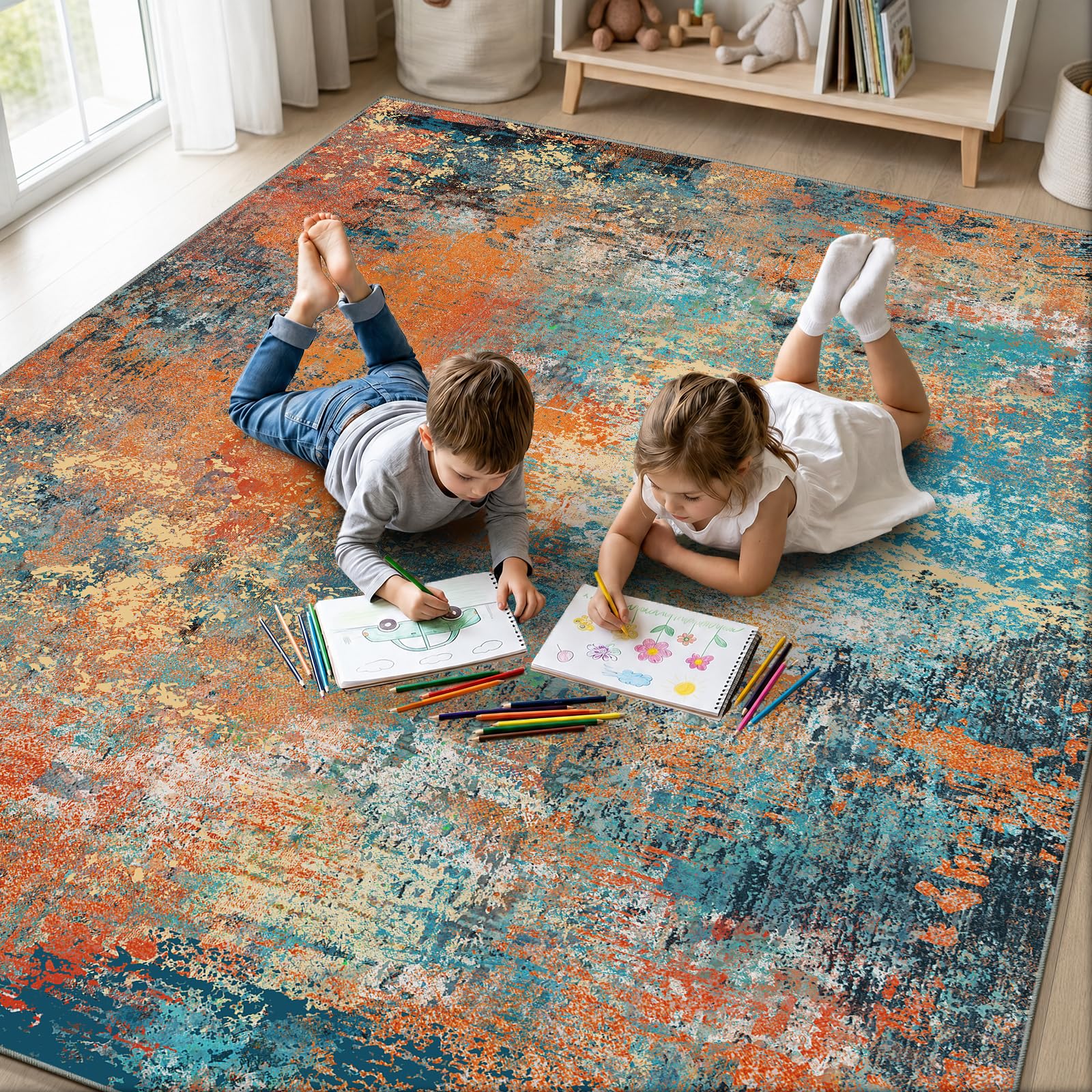 Modern Blau gelb Teppich groß 200x300 - abstrakt Kurzflor Teppich -Weich rutschfest Waschbarer für Wohnzimmer Schlafzimmer Esszimmer Büro