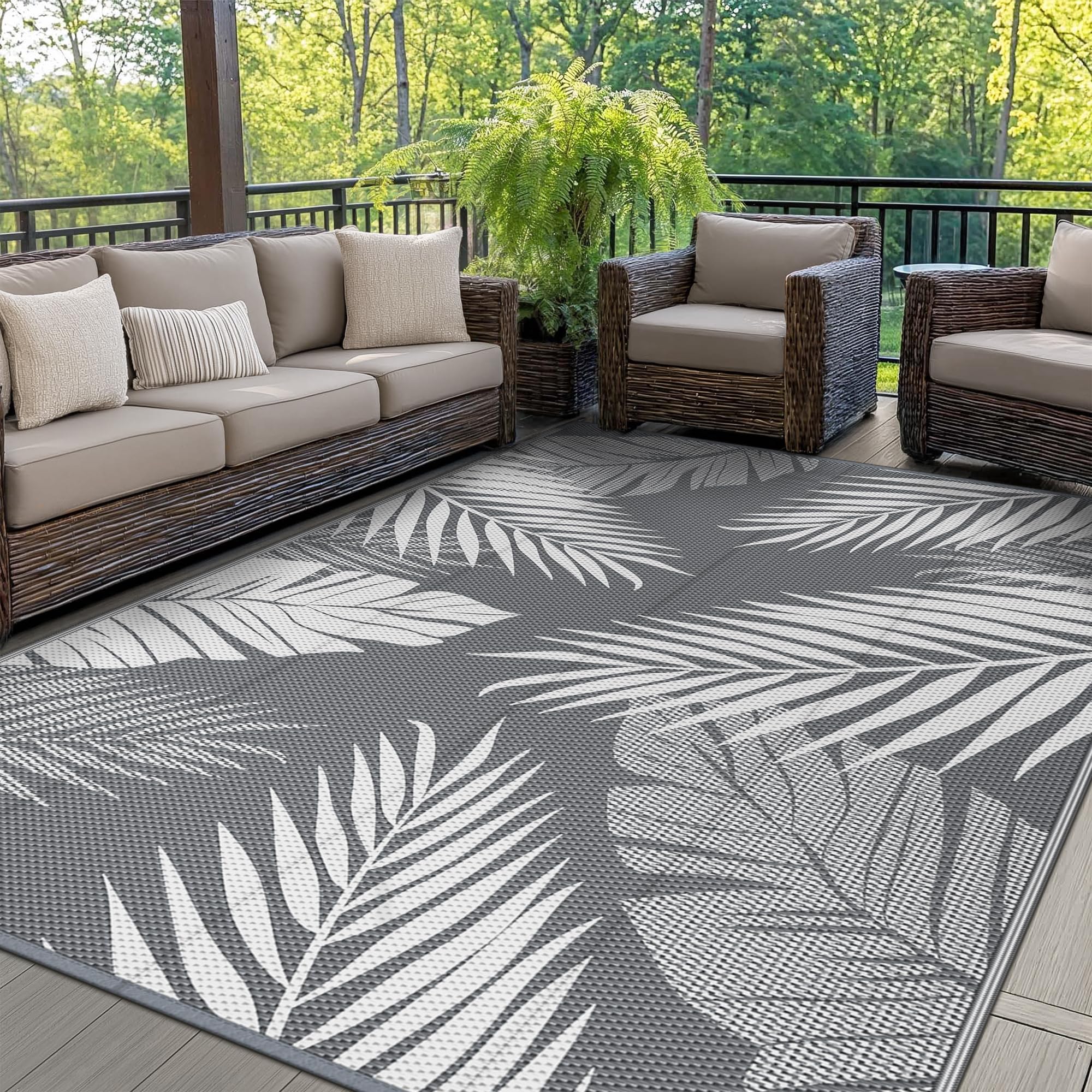 GENIMO Outdoor Rug 180x275cm,Garden Rugs Waterproof Reversible Washable UV Resistant Carpet Modern Large Area Rugs for Patios, Garden, RV, Picnic, Backyard, Balcony, Grey & White — image 1