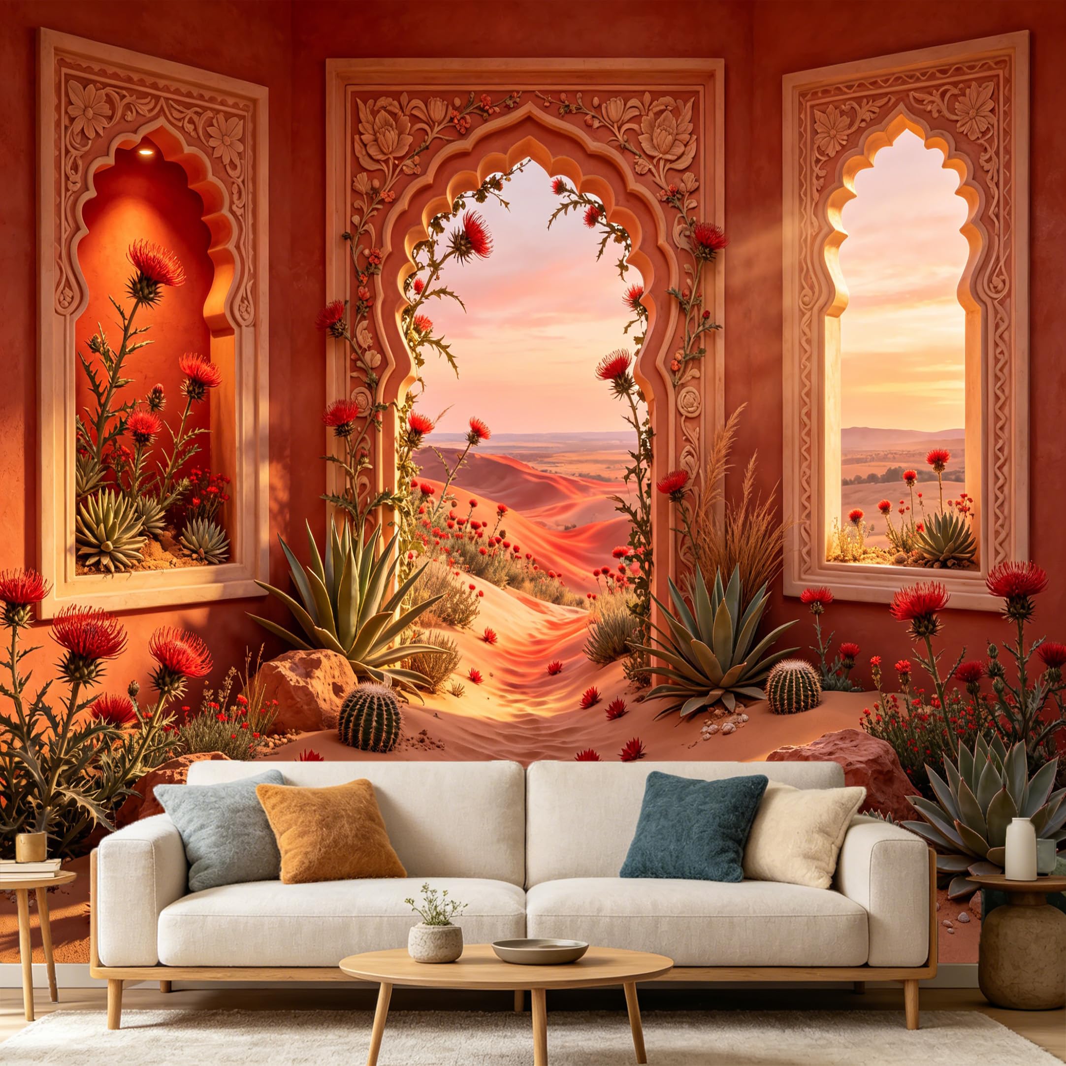 Custom Size Wall Mural， 3D Desert Archway Cactus Succulent Sunset Landscape， SelfAdhesive Art Prints wall Fabric Removable Large Wallpaper Home Living Room Decor