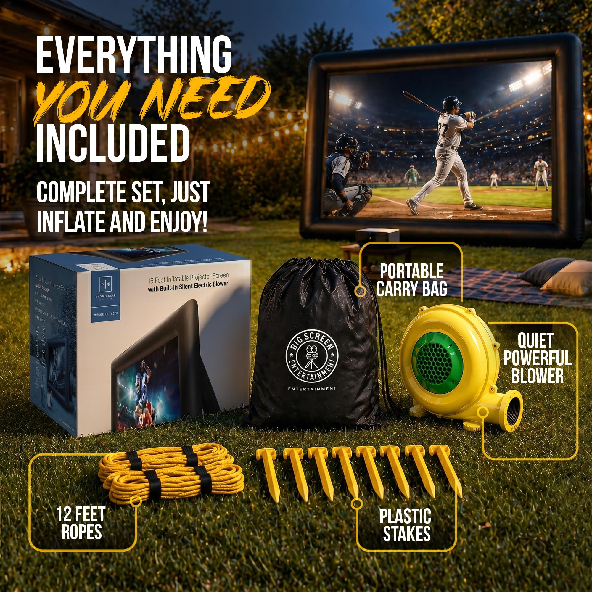 KHOMO GEAR Pantalla Proyector Portátil Gigante 240 Pulgadas, Kit Pantalla Proyector Exterior Motorizada Hinchable con Bomba de Aire Eléctrica - XXL - 6 Metros
