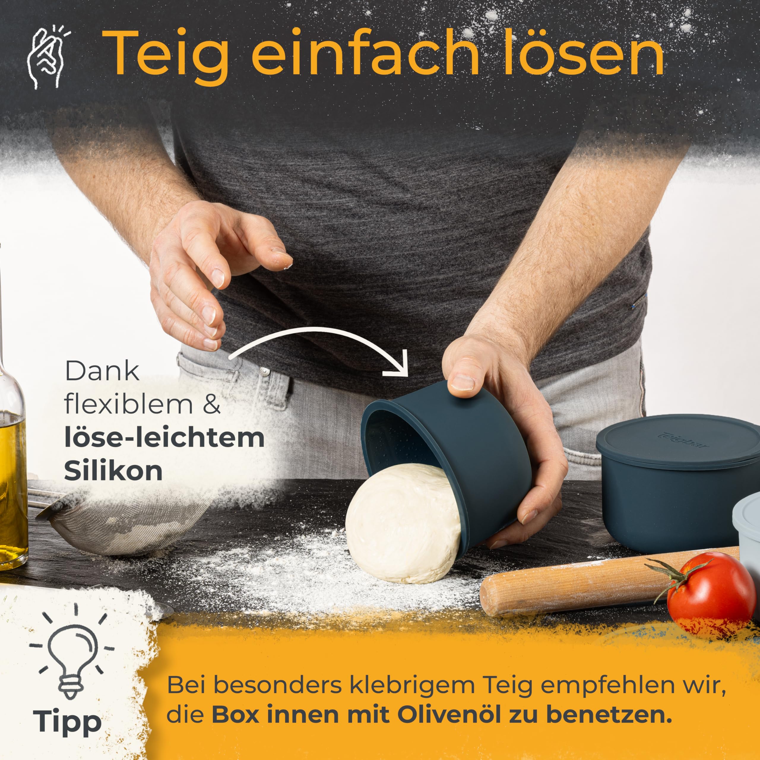 Teigbar« Pizzaballenbox mit Deckel, 4er Set - platzsparende Teigbox aus löse-leichtem Silikon - bis zu 350g Pizzateig Box mit Deckel, Pizza Box - Schwarz/Grau - Ø13cm
