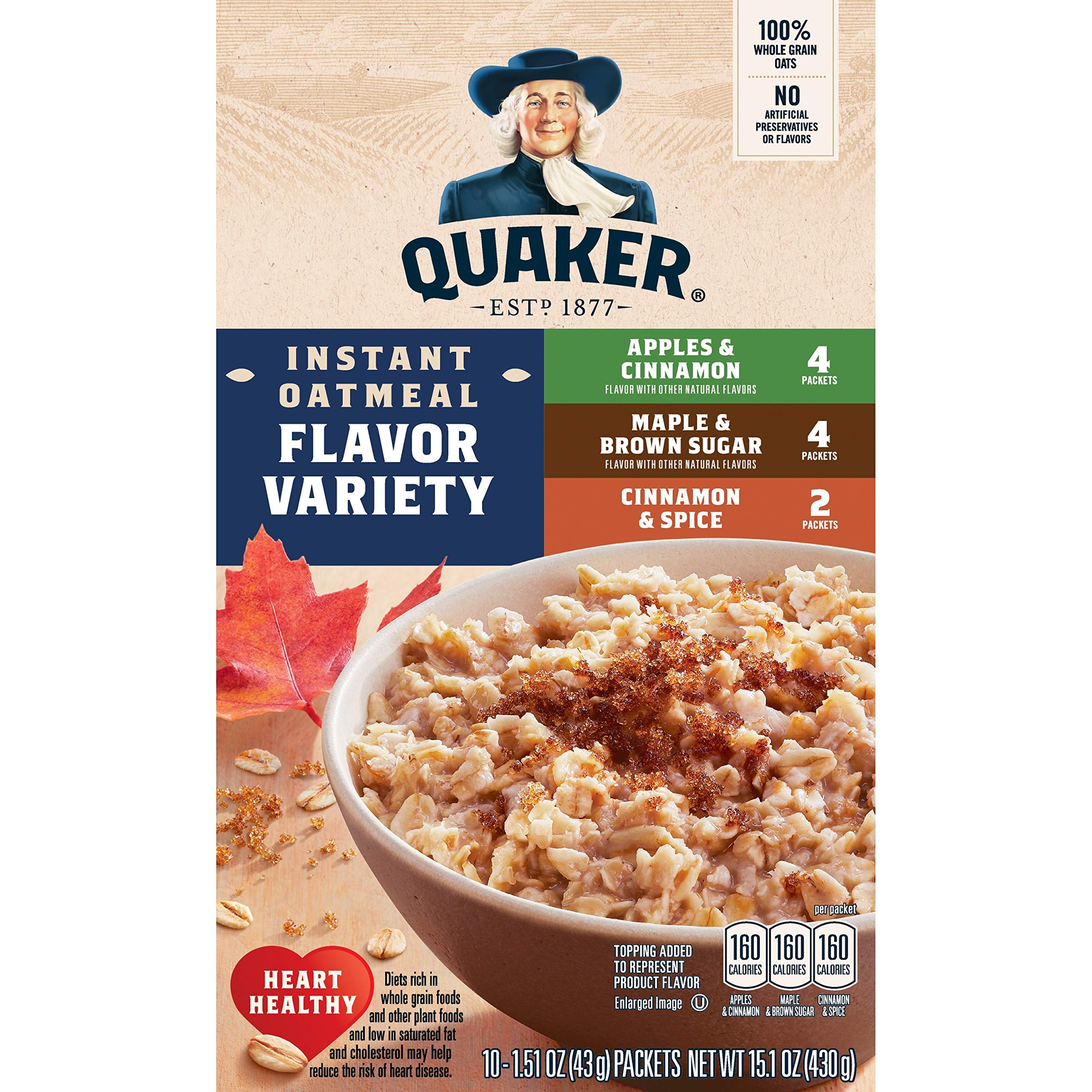 Quaker Oats Instant Oatmeal Flavor Variety Pack, 10 Count, 15.1 oz Box