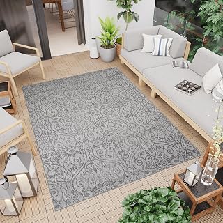 TAPISO Capri Teppich Outdoor Wohnzimmer Terrasse Küche Flachgewebe Grau Schwarz Metallgrau Vintage Floral Muster Modern Design Sisal Indoor 80 x 150 cm