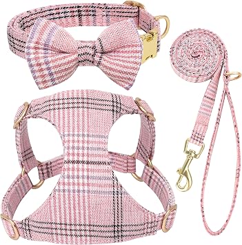 Beirui Cute Extra Small Dog Harness and Leash Set, Pink,XXS,Chest 12-14" | For Small Dogs Puppy,Teacup, Yorkshire, Chihuahua, Adjustable Step-in Design, Plaid Pattern with Bowtie, For Walks Parties
