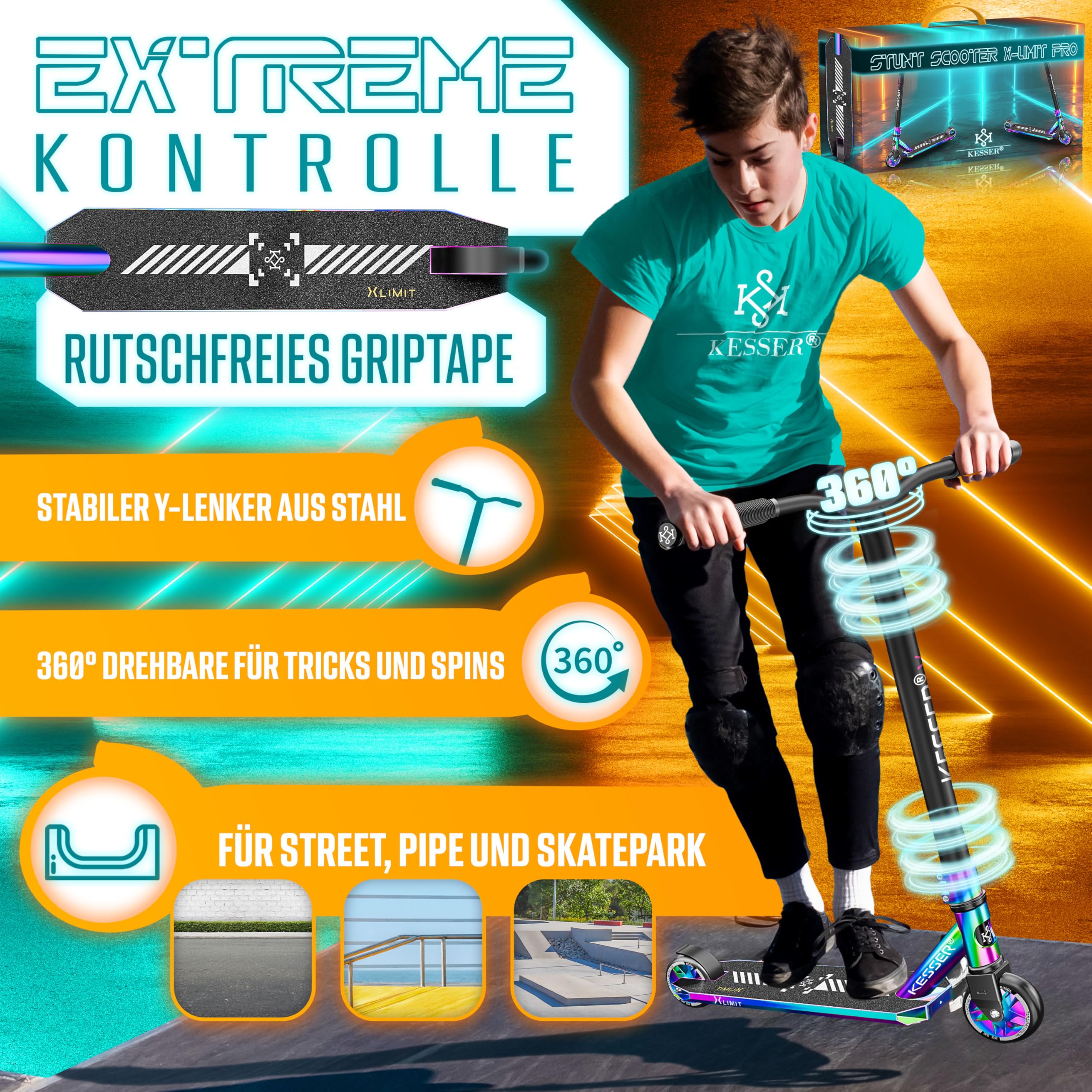 KESSER® Monopattino acrobatico X-Limit-PRO 360Ḟ Divertente Monopattino Monopattino acrobatico con Supporto ABEC 9 Cuscinetti a Sfera, Ruote in PU da 110 mm, Monopattino Scooter