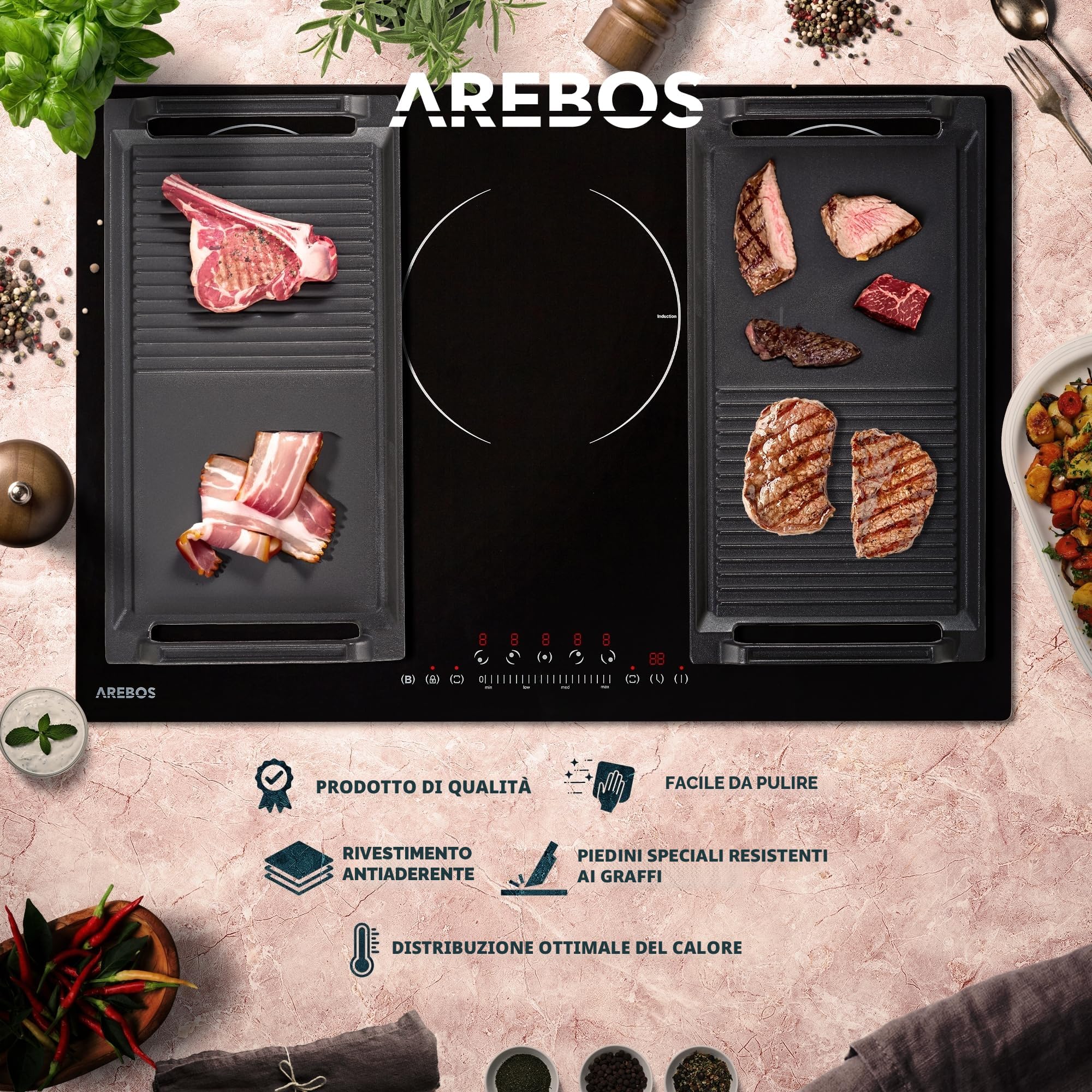 Arebos Piastra per cottura a induzione, 43,6 x 22,9 cm, in ghisa appositamente progettata per piani cottura a induzione, con base antiaderente, antigraffio, semi-rigata e semi-liscia