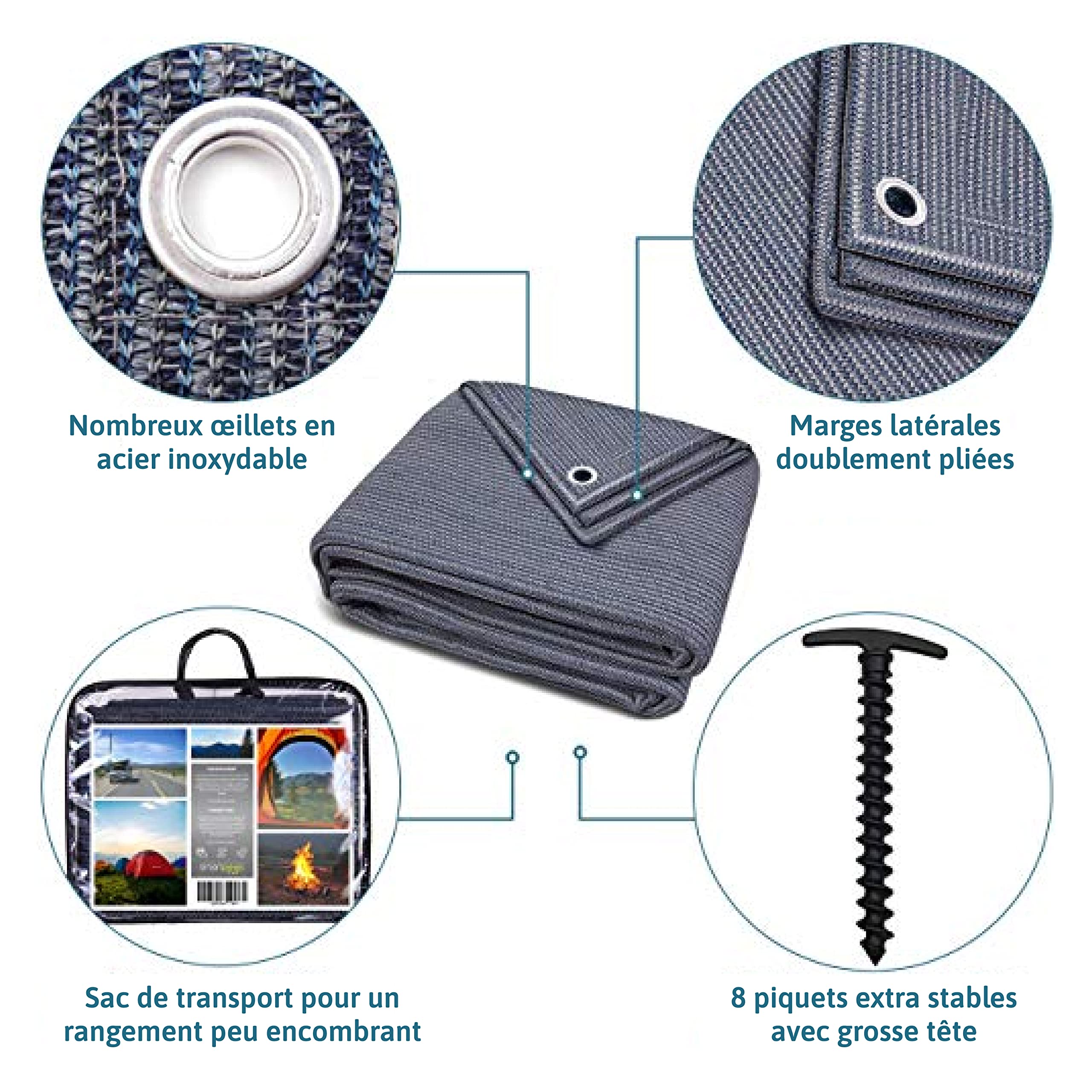 Tapis De Sol Extérieur pour Tente Et Auvent en Polyéthylène Bleu/Gris - Œillets en Acier Inoxydable - Robuste Et Lavable - Sac De Transport Et 8 Piquets + Niveau À Bulle