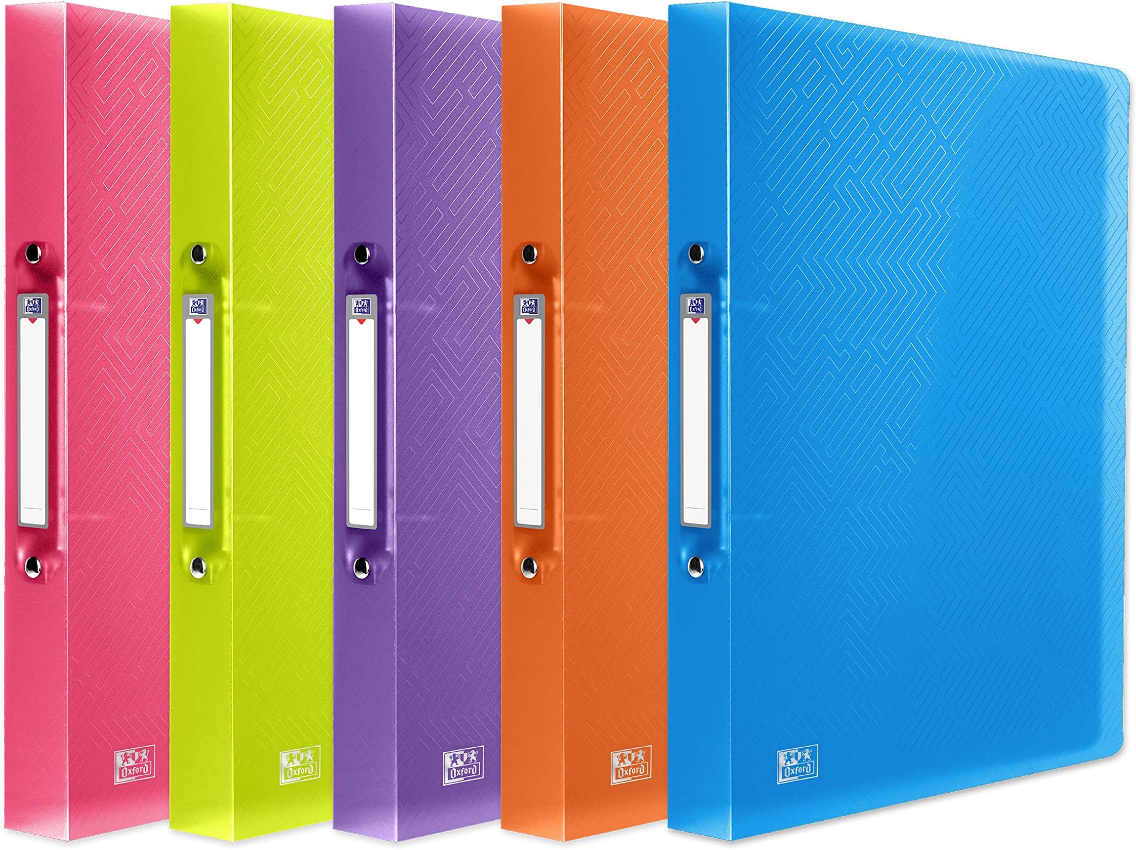 Oxford A4 Ring Binders for Students, Lightweight Flexible Plastic Folders, 40 mm Spine Holds Up to 250 Sheets, Durable Wipe-Clean Covers, Assorted Colours Pack of 5