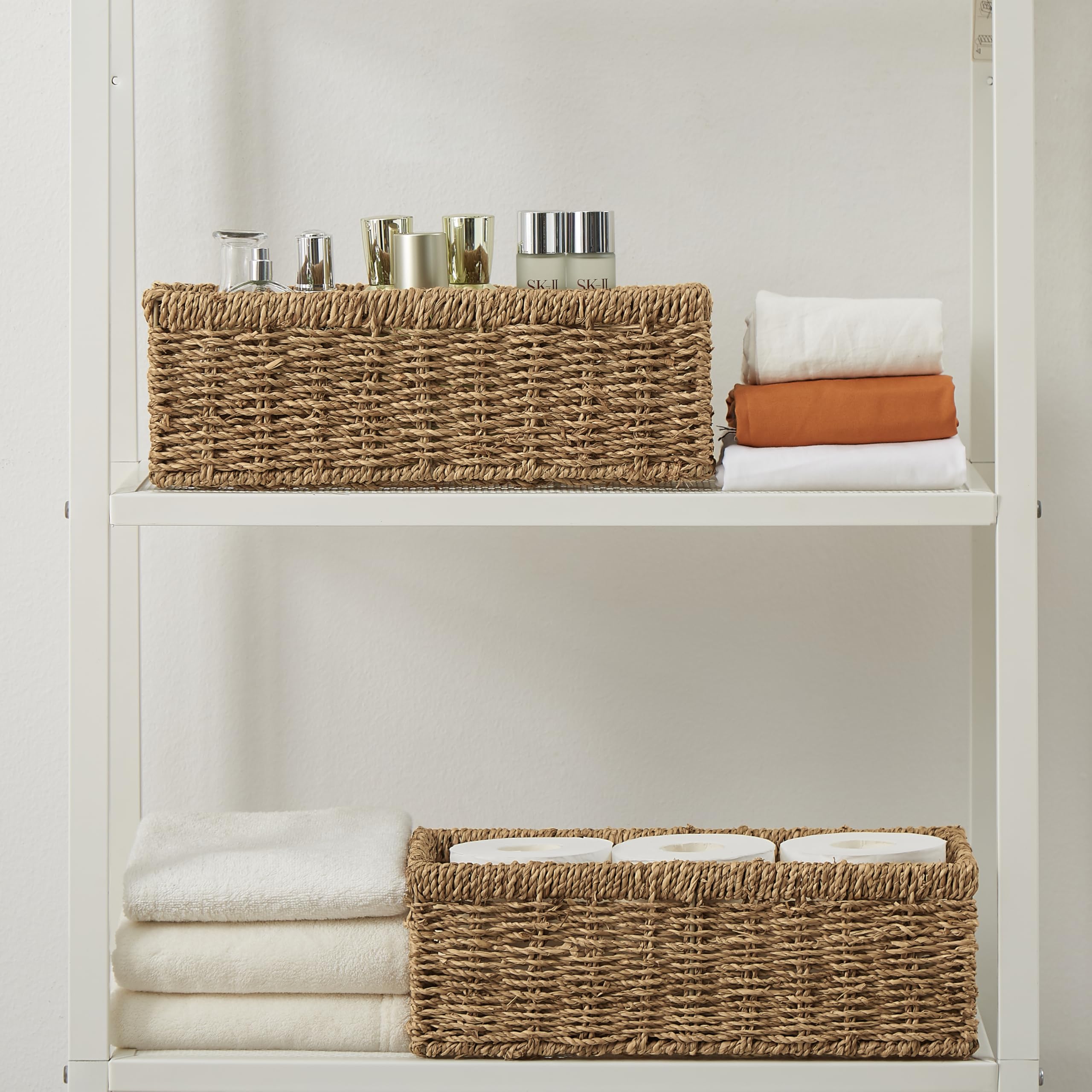 Vagusicc Lot de 2 paniers de rangement en osier, paniers en jonc de mer tissés à la main avec poignées, panier à papier toilette pour réservoir de toilette, petits paniers en osier pour organiser les