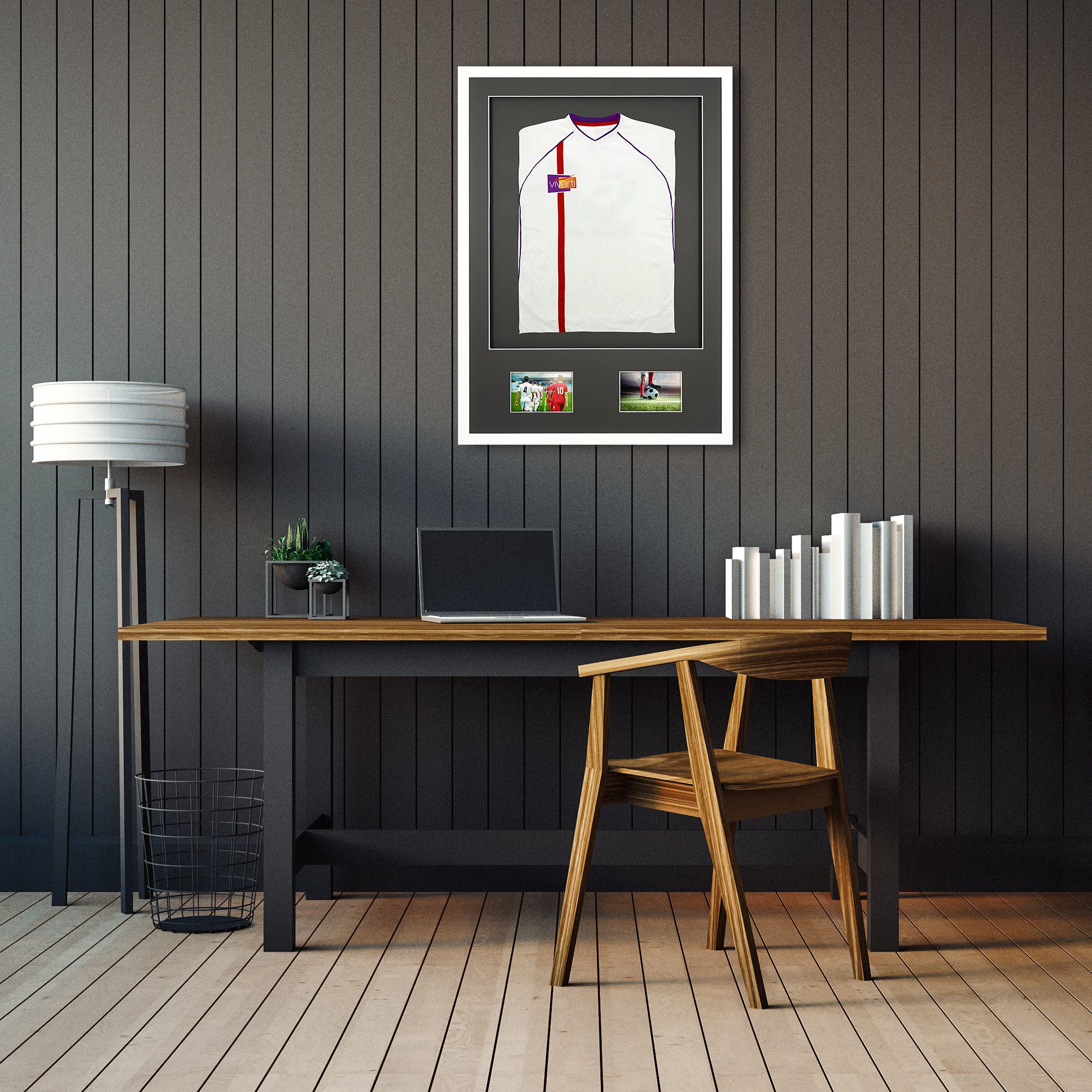 Vivarti DIY Junior 3D montado + doble apertura camisa deportiva marco A1 59,4 x 84 cm – marco blanco brillante, soporte negro, tarjeta trasera negra