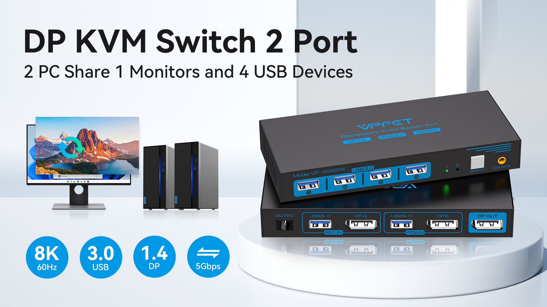 Image of 8K@60Hz KVM Switch 1 Monitors 2 Computers Displayport 4K@120Hz DP KVM Switches Single Monitor Dual Port for 2 PC /Laptops Share 4 USB 3.0 Ports Support Extended & Duplicate Display Mode