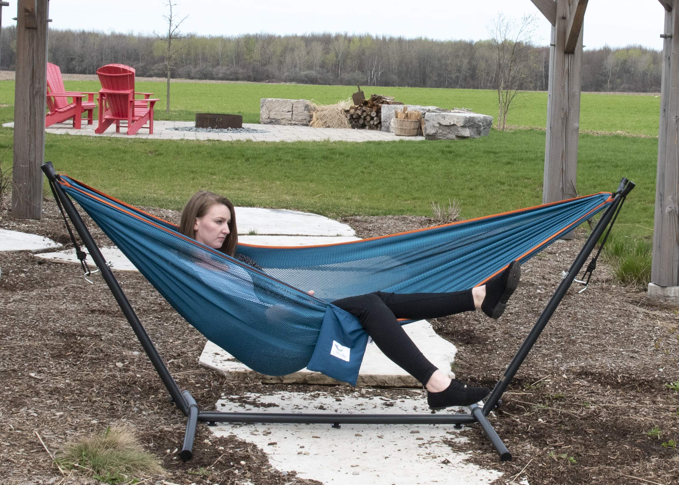 Vivere Hamac en Maille avec Support (280 cm) - Bleu/Orange