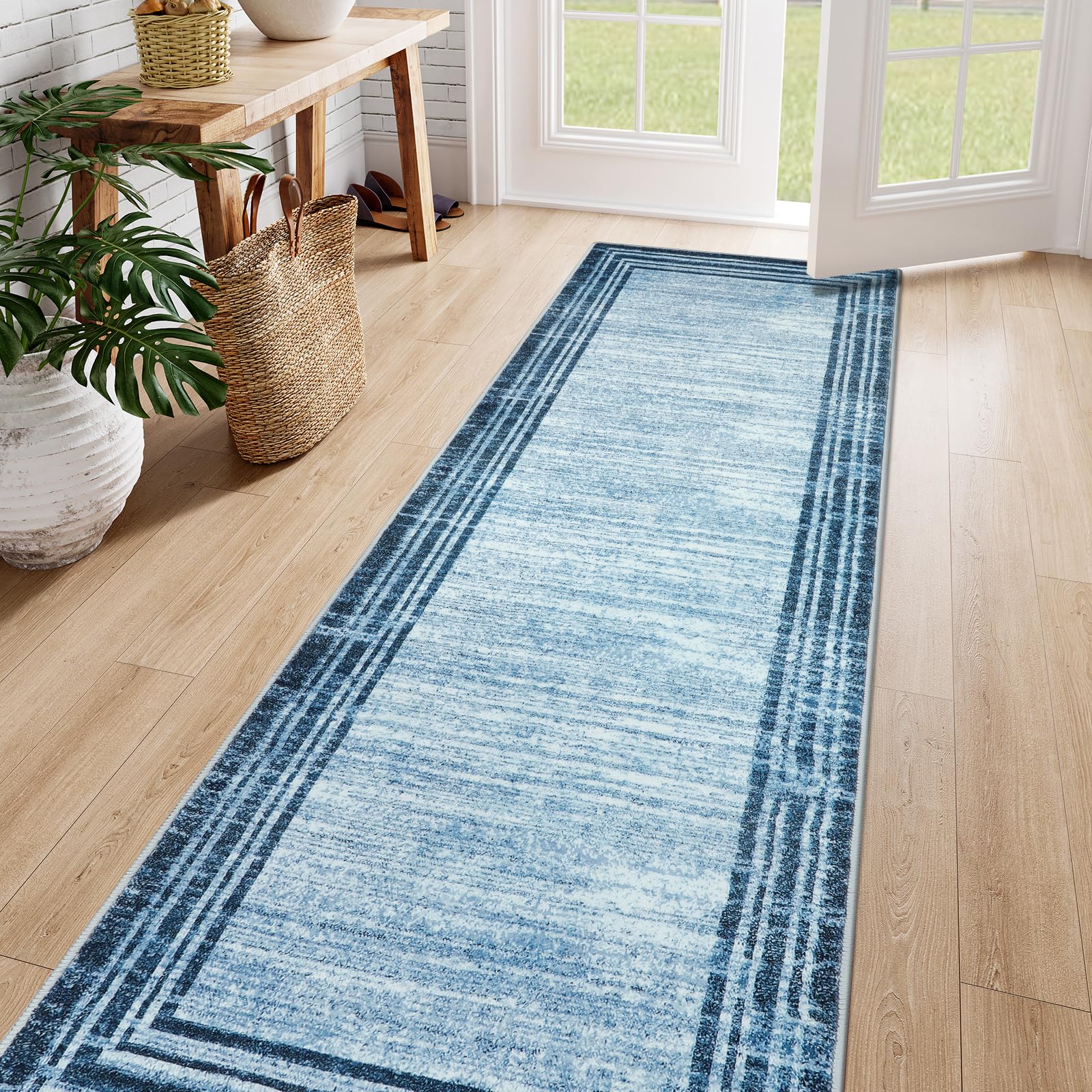Lahome Abstract Runner Rug,2.5x8 Hallway Runner Rug Non-Slip Washable Blue Kitchen Runner Rugs,Low-Pile Soft Bedroom Runner Minimalist Solid Indoor