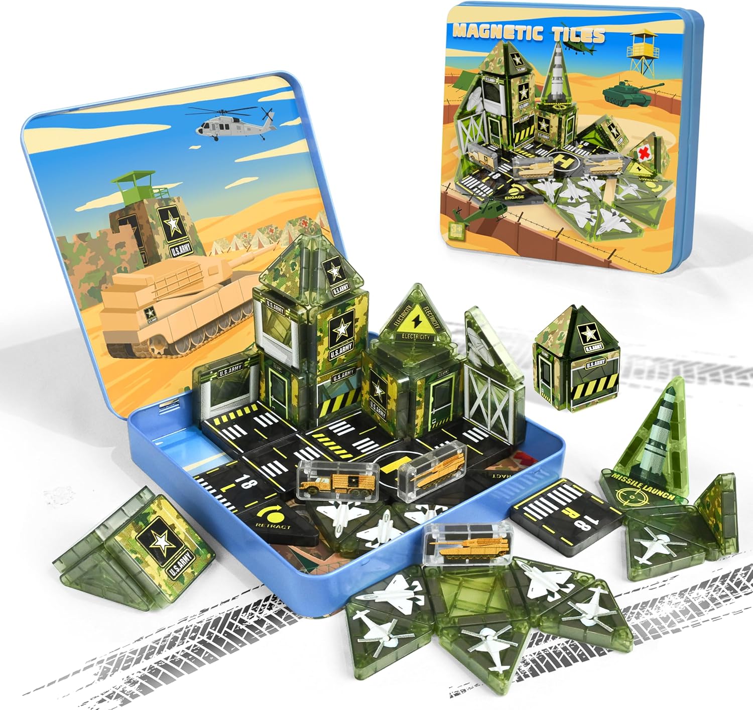 48pcs Mini Magnetic Tiles, Military Engineering Building Blocks Set in Iron Box, Portable STEM Army Travel Toys for Kids, Quiet On-the-Go Activities & Preschool Learning for Toddlers