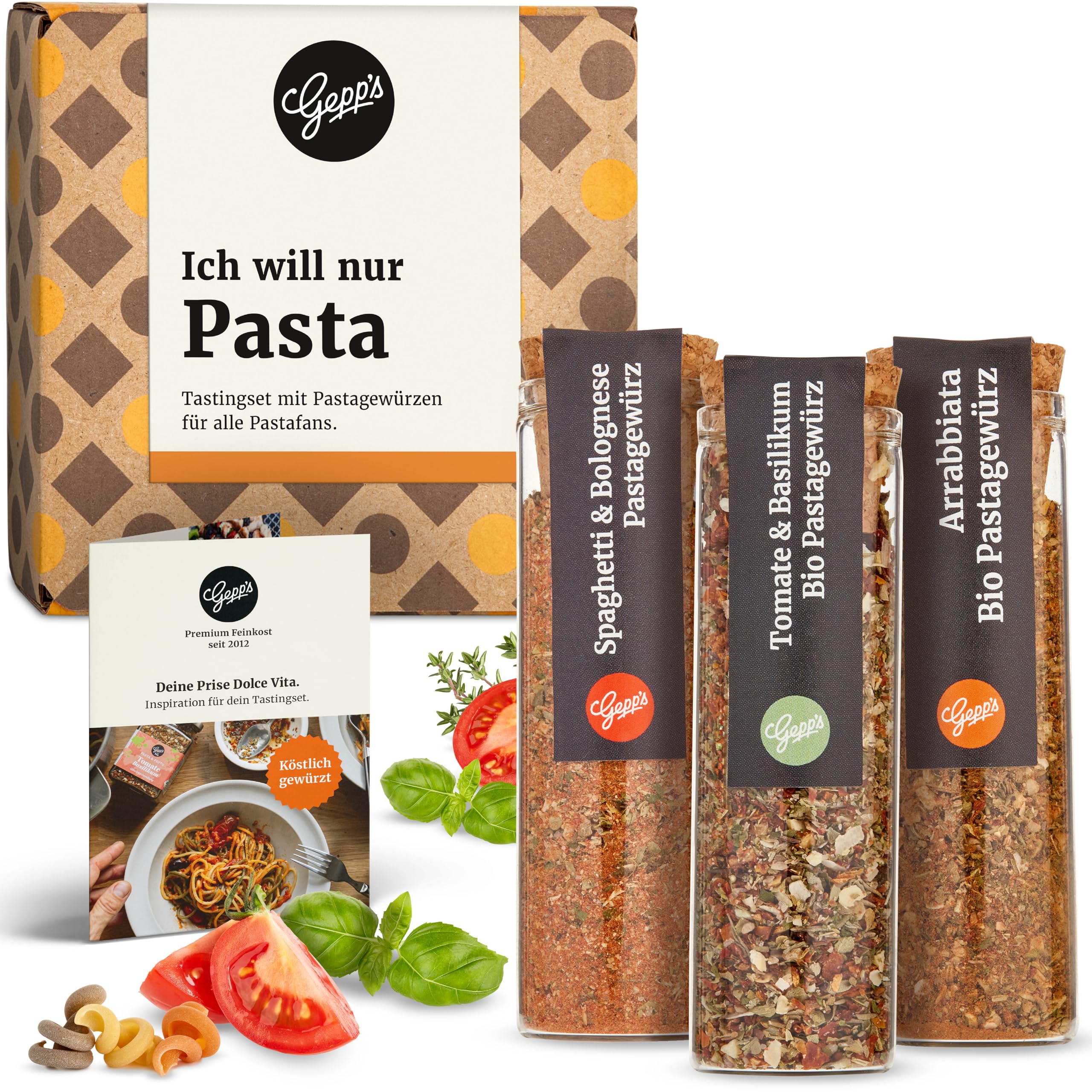 Gepp’s Feinkost 3er Mini Set Pasta I Gewürz-Set für Pasta-Liebhaber I Set mit feinen Gewürzmischungen I Bio-Gewürze für jede Küche I Bio Tomate-Basilikum, Arrabiata & Spaghetti Gewürz