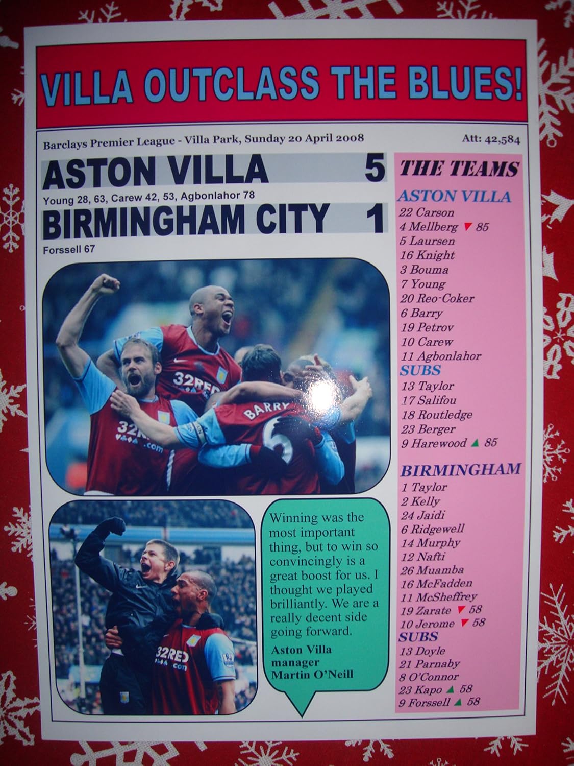 Lilywhite Multimedia Aston Villa 5 Birmingham City 1-2008 Premier League - souvenir print