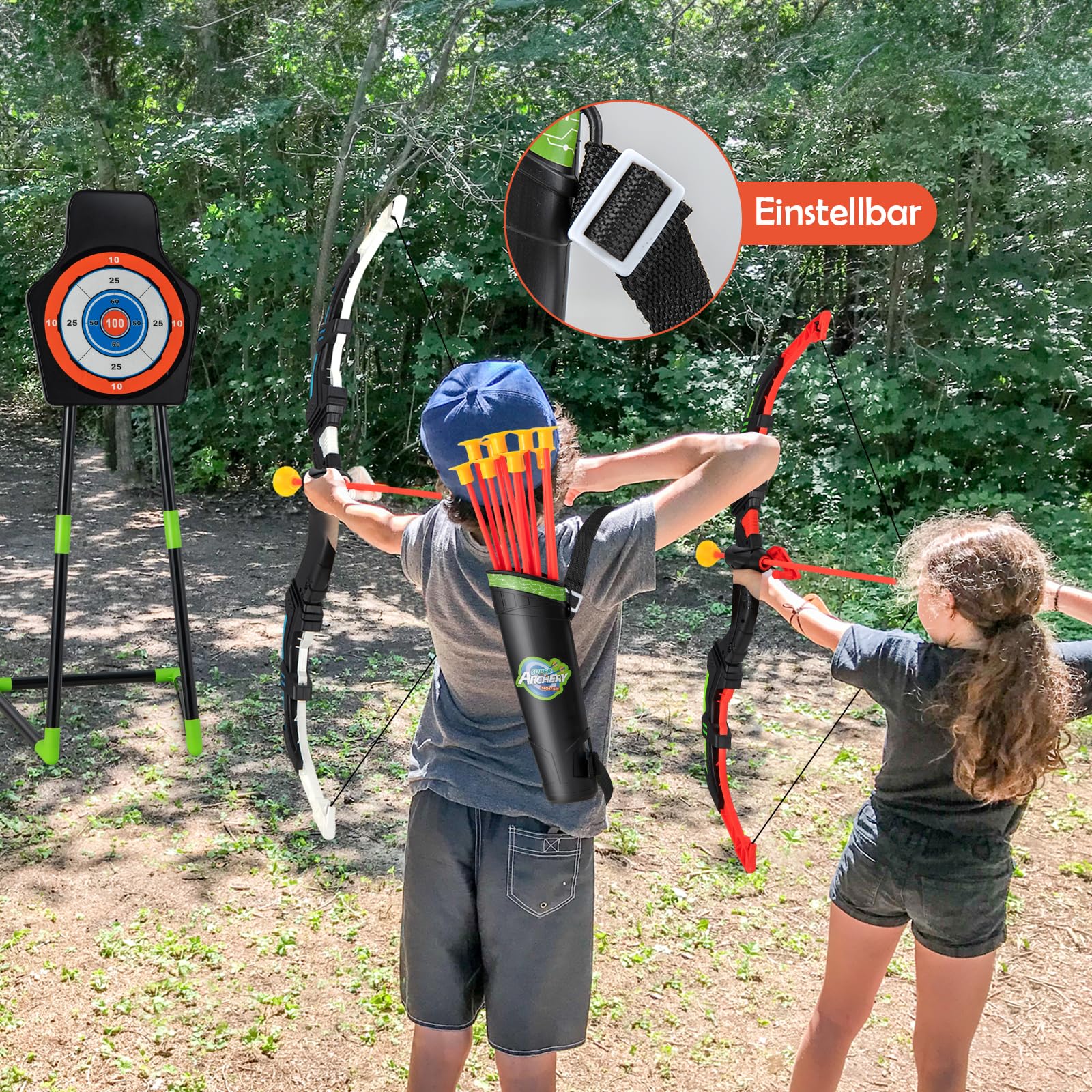 DREAMADE 2 Pack Pfeil und Bogen Spielzeug für Kinder mit LED Leuchten – 2 Bogen & 20 Saugnapfpfeile & 2 in 1 Zielscheibe & 2 Köcher, Bogenschießen Spielzeug Indoor und Outdoor für Jungen Mädchen