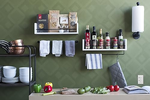 Miniatura 8 de Estantería de madera, blanca, rústica para pared de baño, con barra de metal. Multiusos, puede usarse en la sala de estar o como estante de pared en