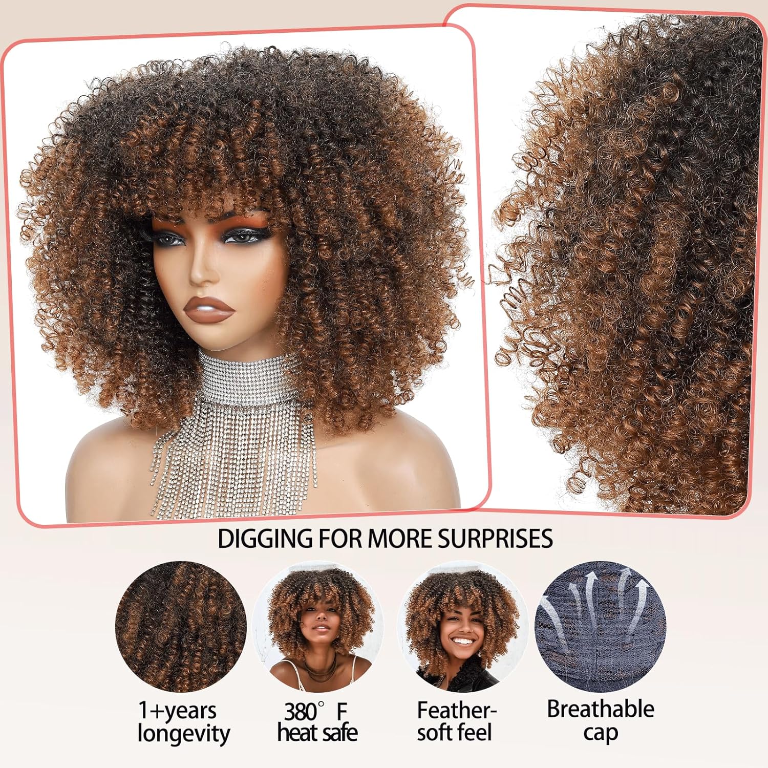 Afro Bomb Curly Wig with Bangs, Synthetic Fiber Glueless 11 Inch Bob Kinky Curly Hair, Fluffy Curly Wigs for Black Women Ready to Go Wig Black to Brown