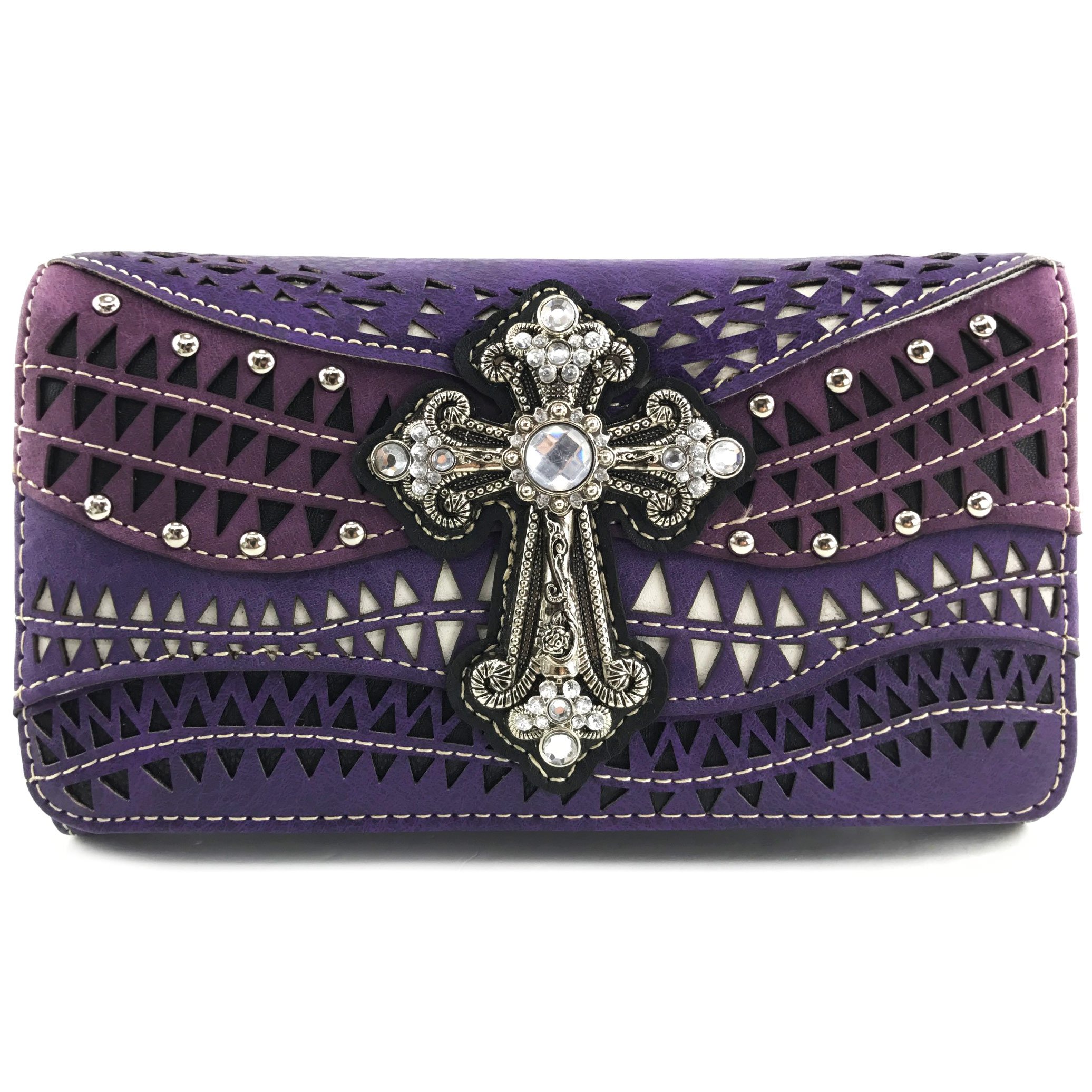 Justin West Studs Laser Cut Triangle Western Rhinestone Cross Handbag Purse Conceal Carry (Purple Wallet Only)